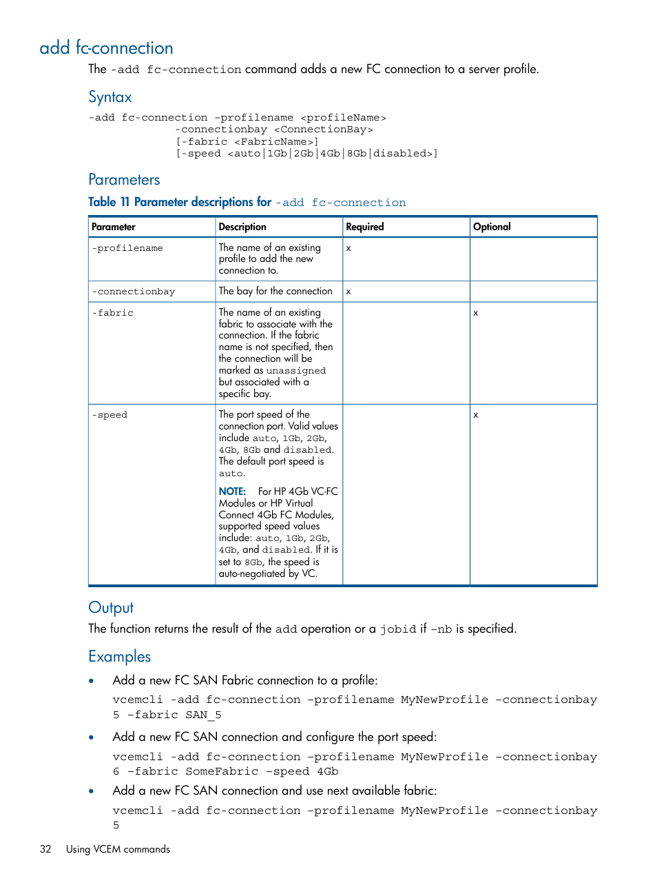Add fc-connection, Syntax, Parameters | Output, Examples | HP Insight Management-Software User Manual | Page 32 / 96