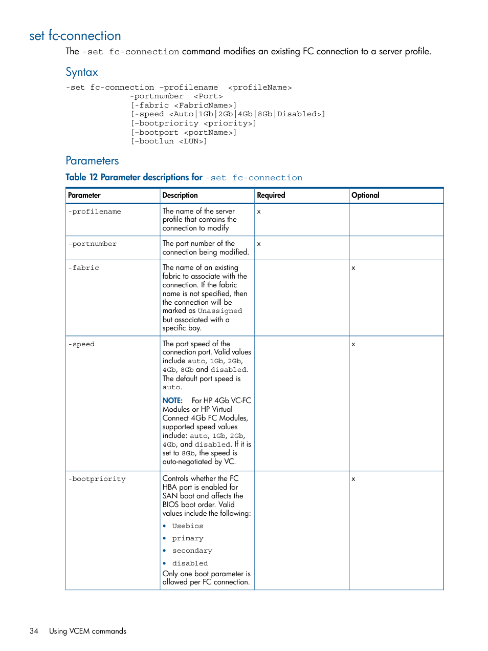 Set fc-connection, Syntax, Parameters | HP Insight Management-Software User Manual | Page 34 / 96