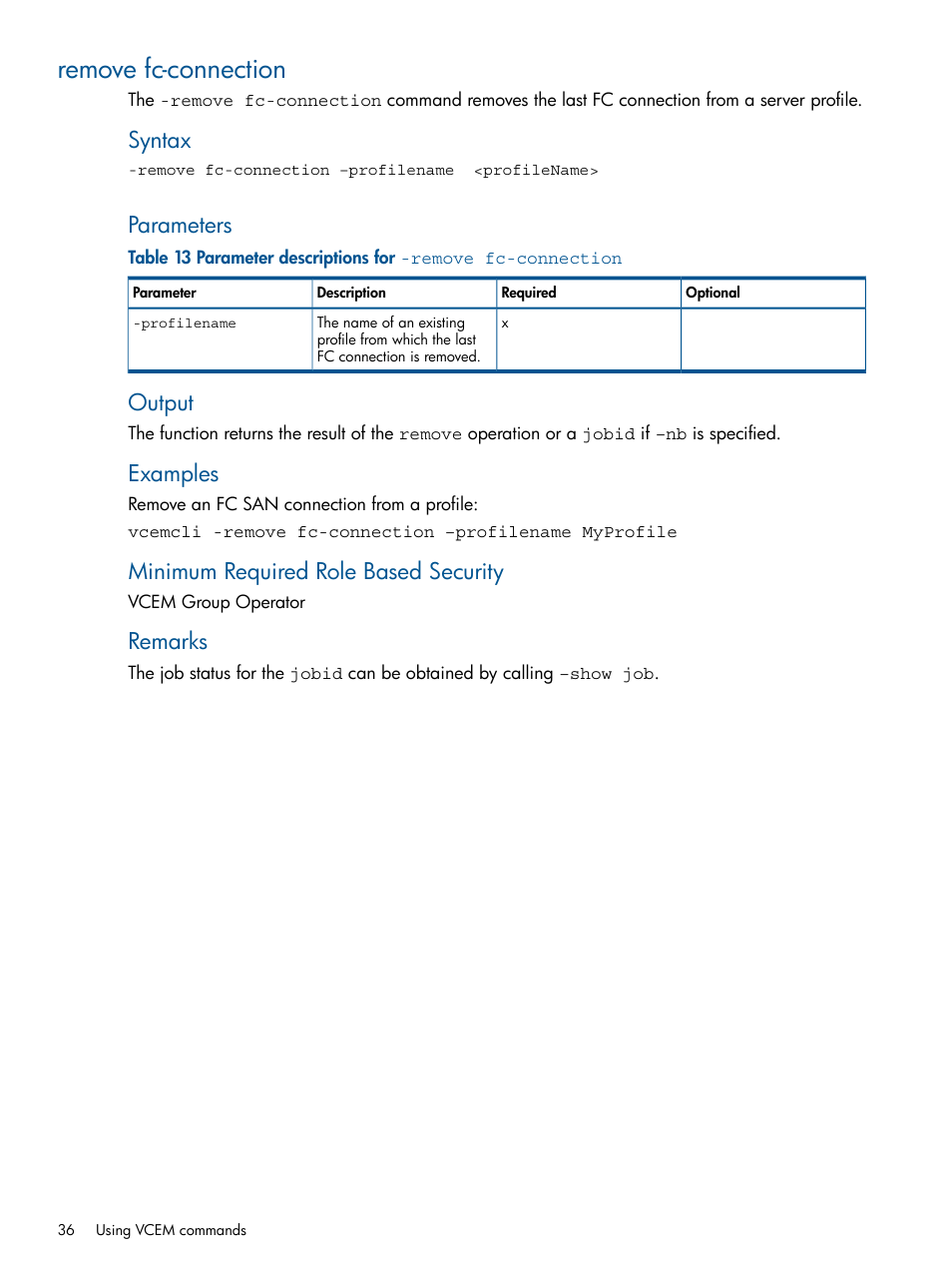 Remove fc-connection, Syntax, Parameters | Output, Examples, Minimum required role based security, Remarks | HP Insight Management-Software User Manual | Page 36 / 96