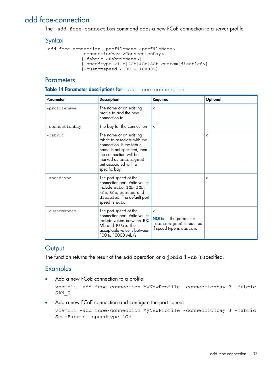 Add fcoe-connection, Syntax, Parameters | Output, Examples | HP Insight Management-Software User Manual | Page 37 / 96