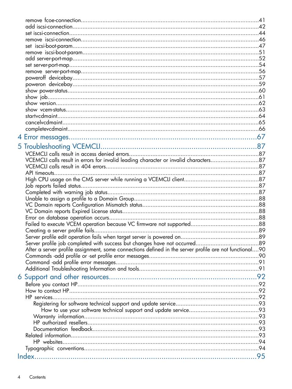 4 error messages 5 troubleshooting vcemcli, 6 support and other resources, Index | HP Insight Management-Software User Manual | Page 4 / 96