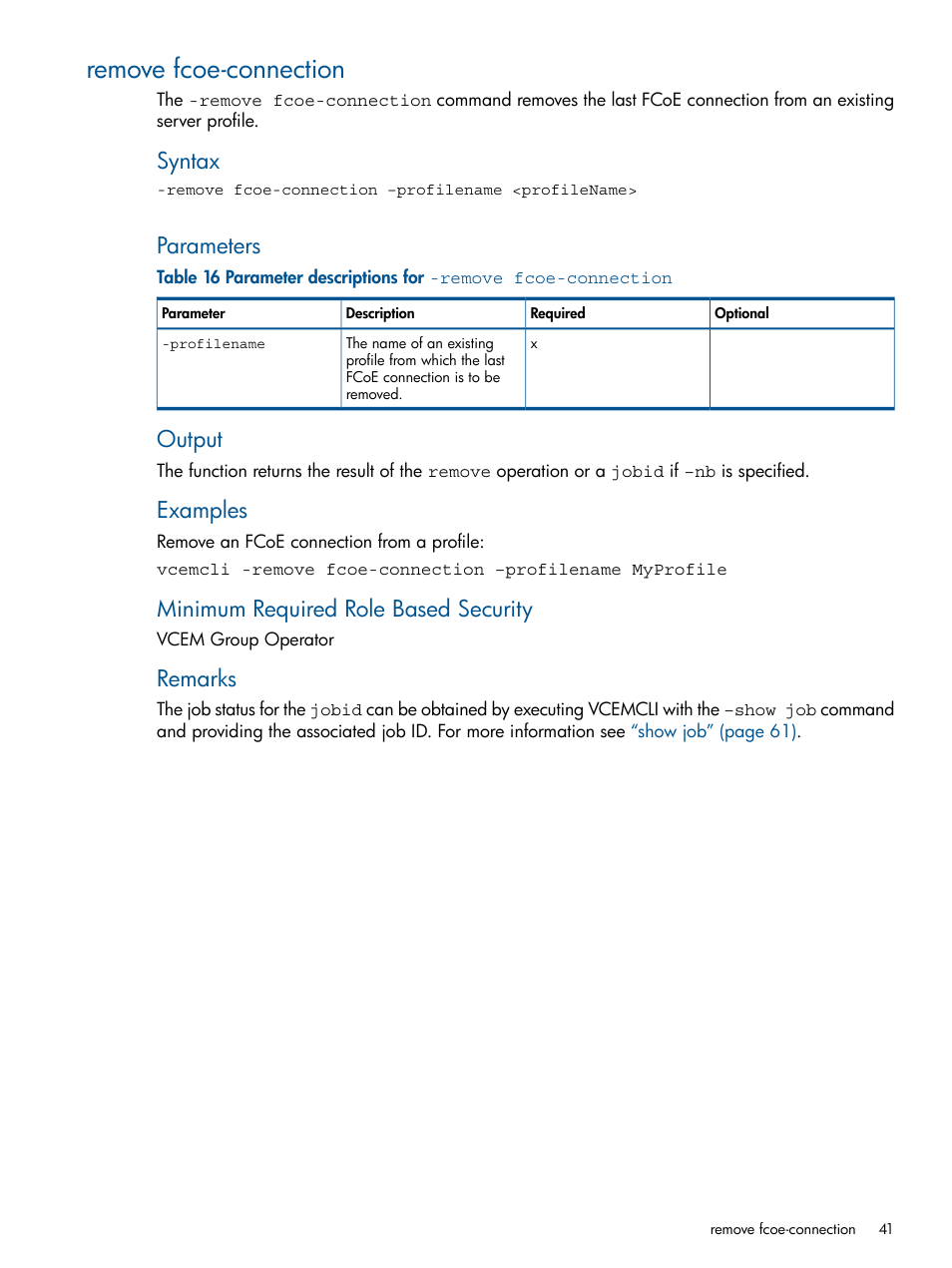 Remove fcoe-connection, Syntax, Parameters | Output, Examples, Minimum required role based security, Remarks | HP Insight Management-Software User Manual | Page 41 / 96