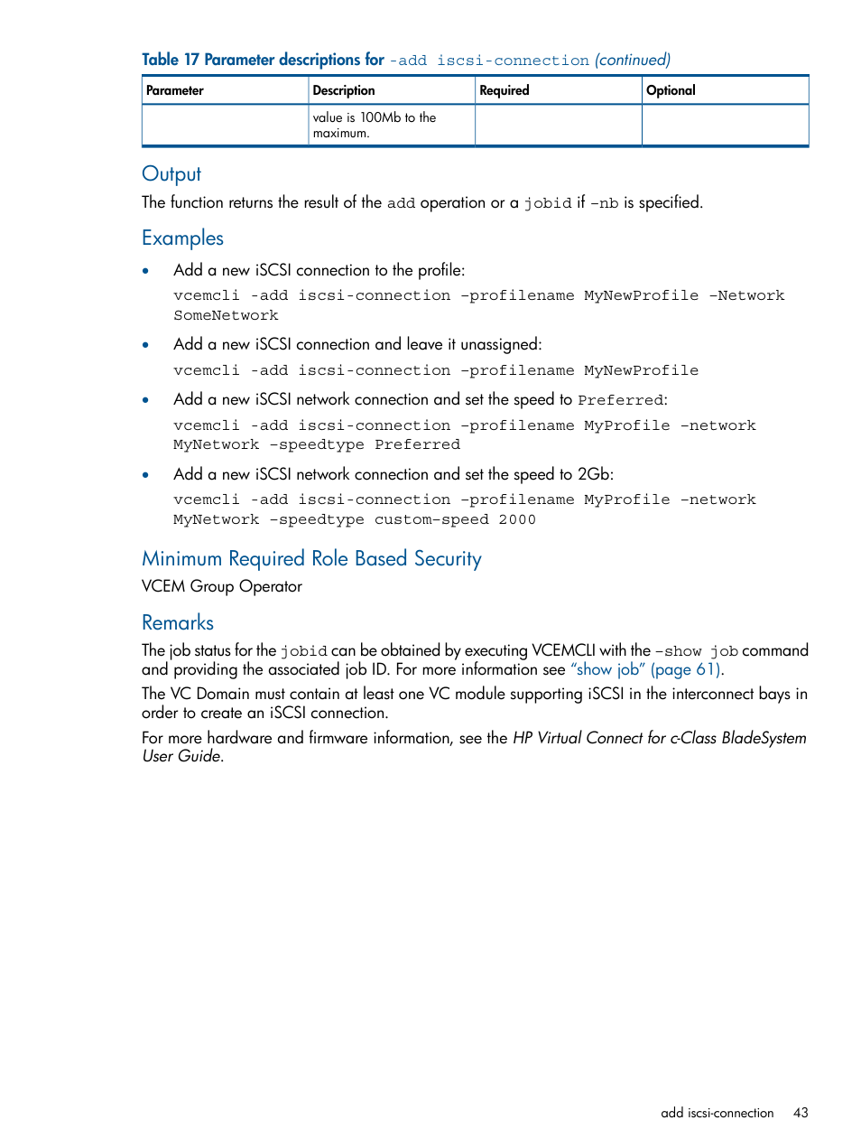 Output, Examples, Minimum required role based security | Remarks | HP Insight Management-Software User Manual | Page 43 / 96