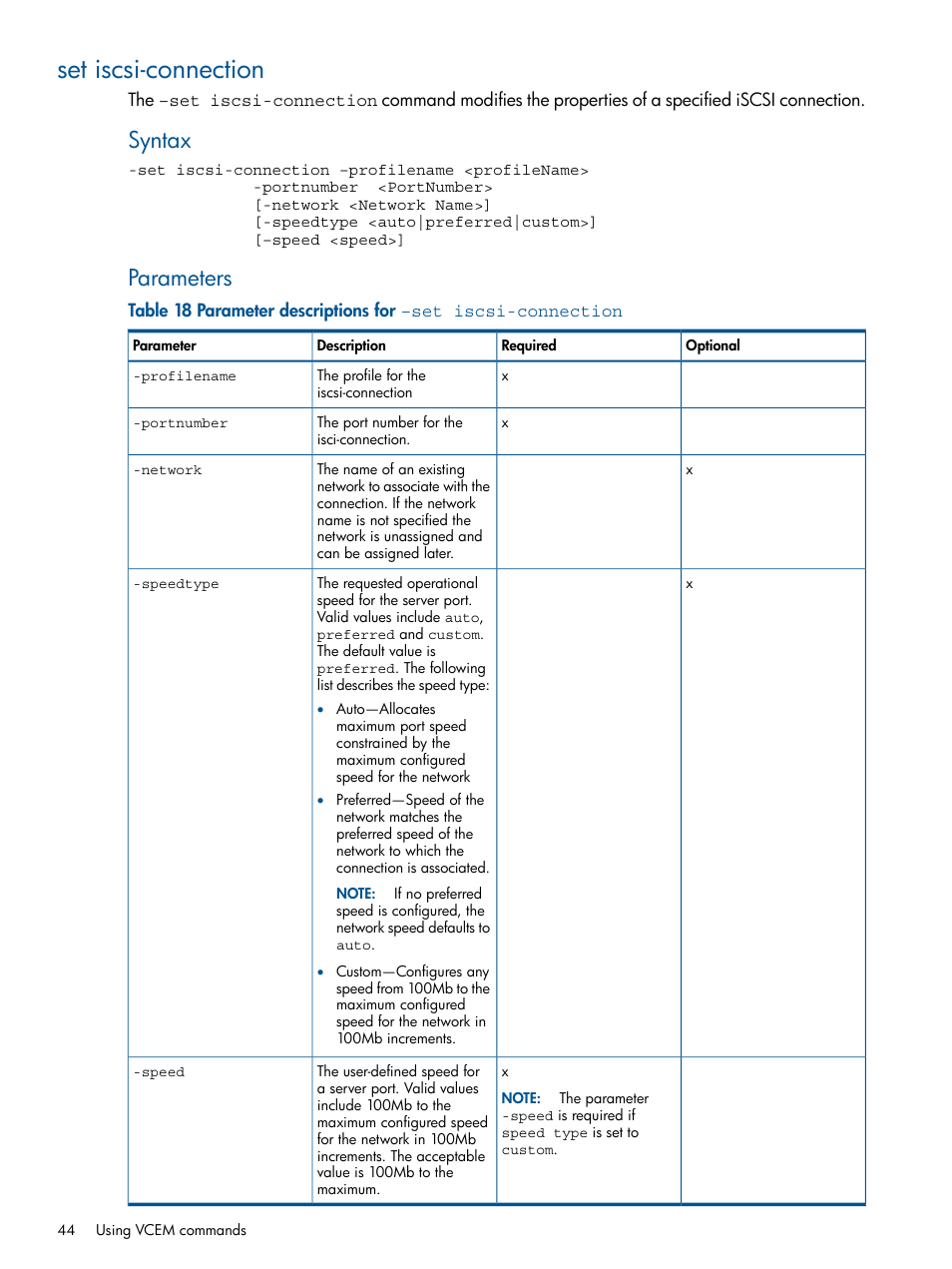 Set iscsi-connection, Syntax, Parameters | HP Insight Management-Software User Manual | Page 44 / 96