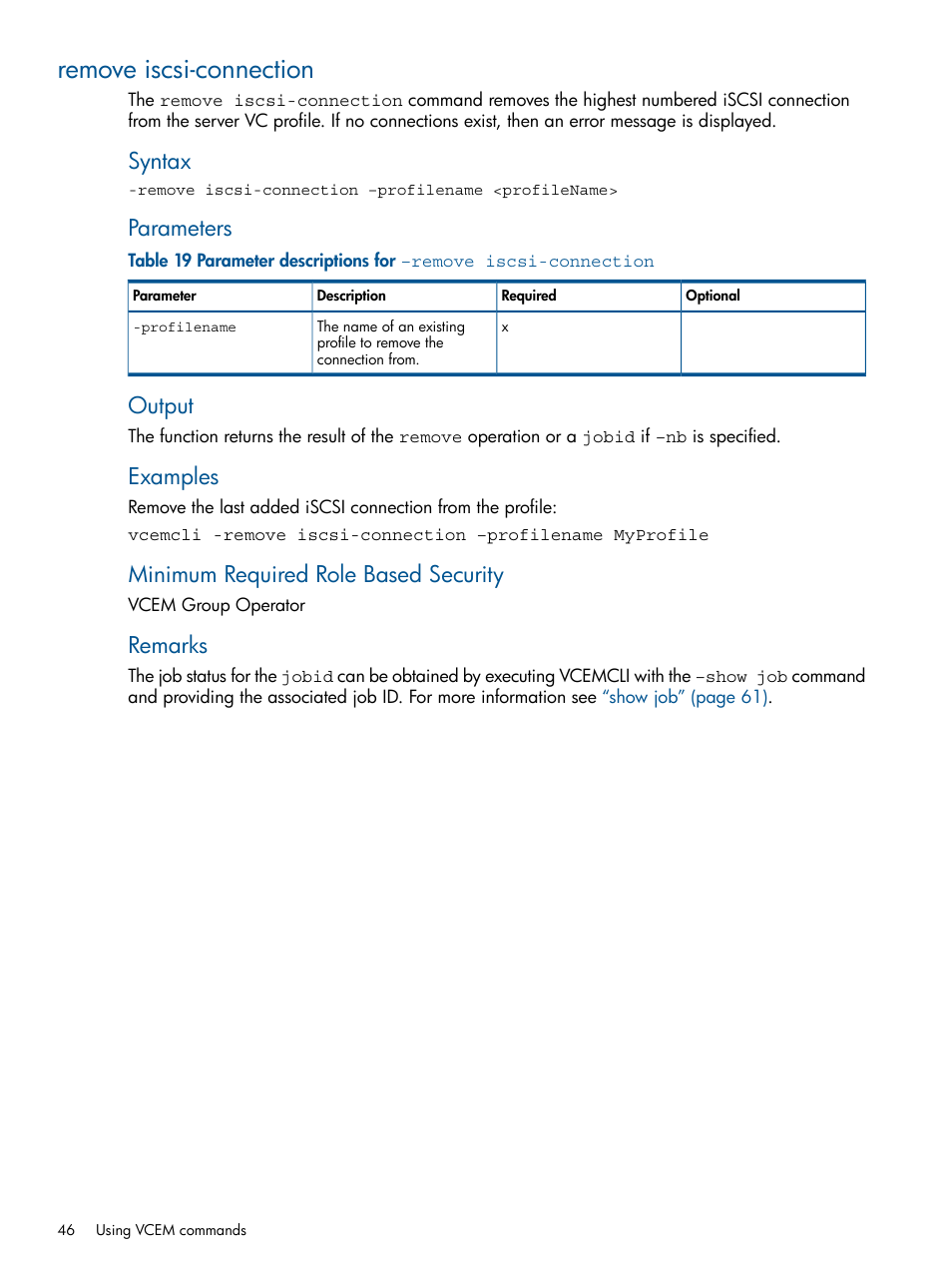 Remove iscsi-connection, Syntax, Parameters | Output, Examples, Minimum required role based security, Remarks | HP Insight Management-Software User Manual | Page 46 / 96