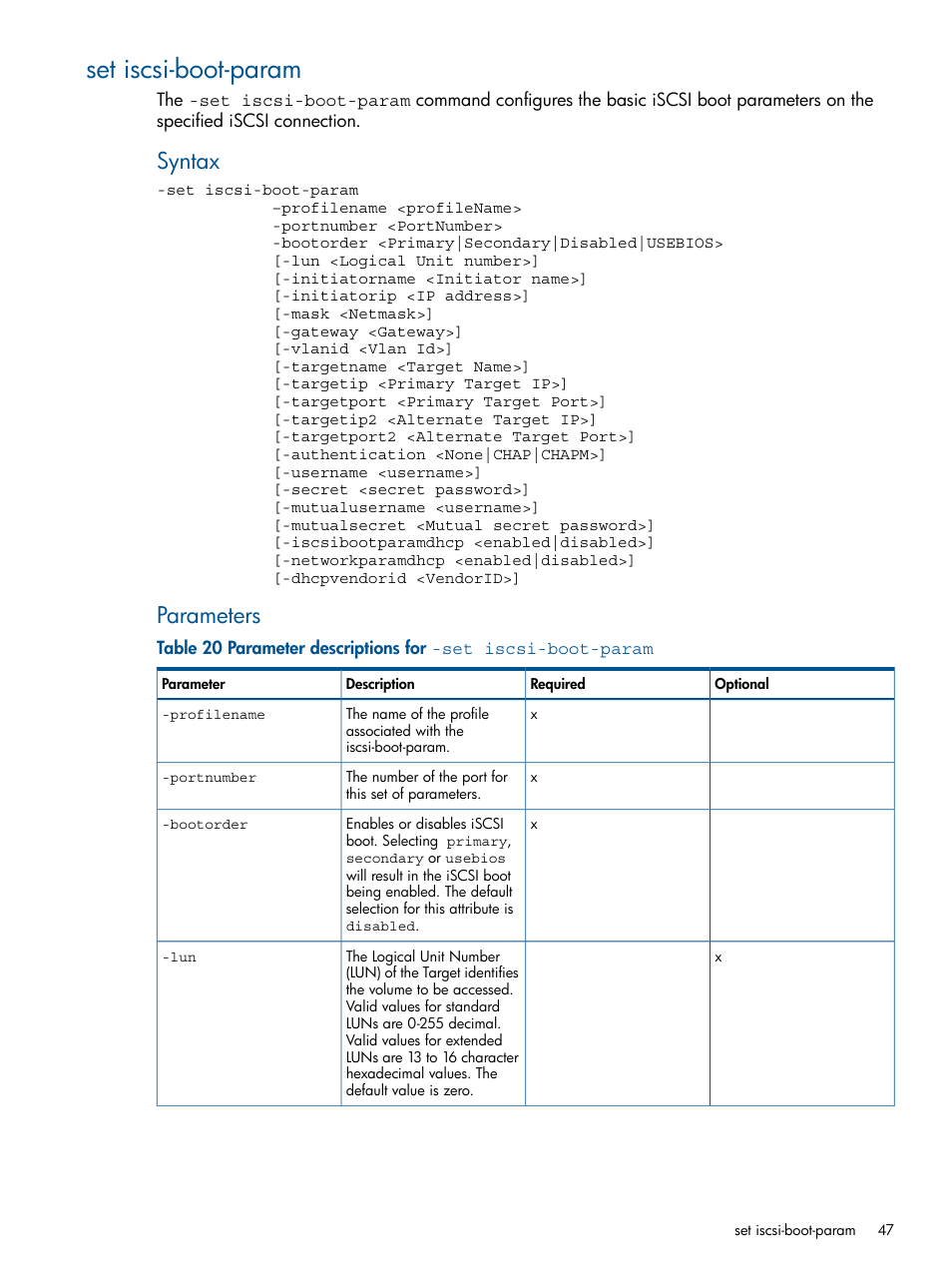 Set iscsi-boot-param, Syntax, Parameters | HP Insight Management-Software User Manual | Page 47 / 96