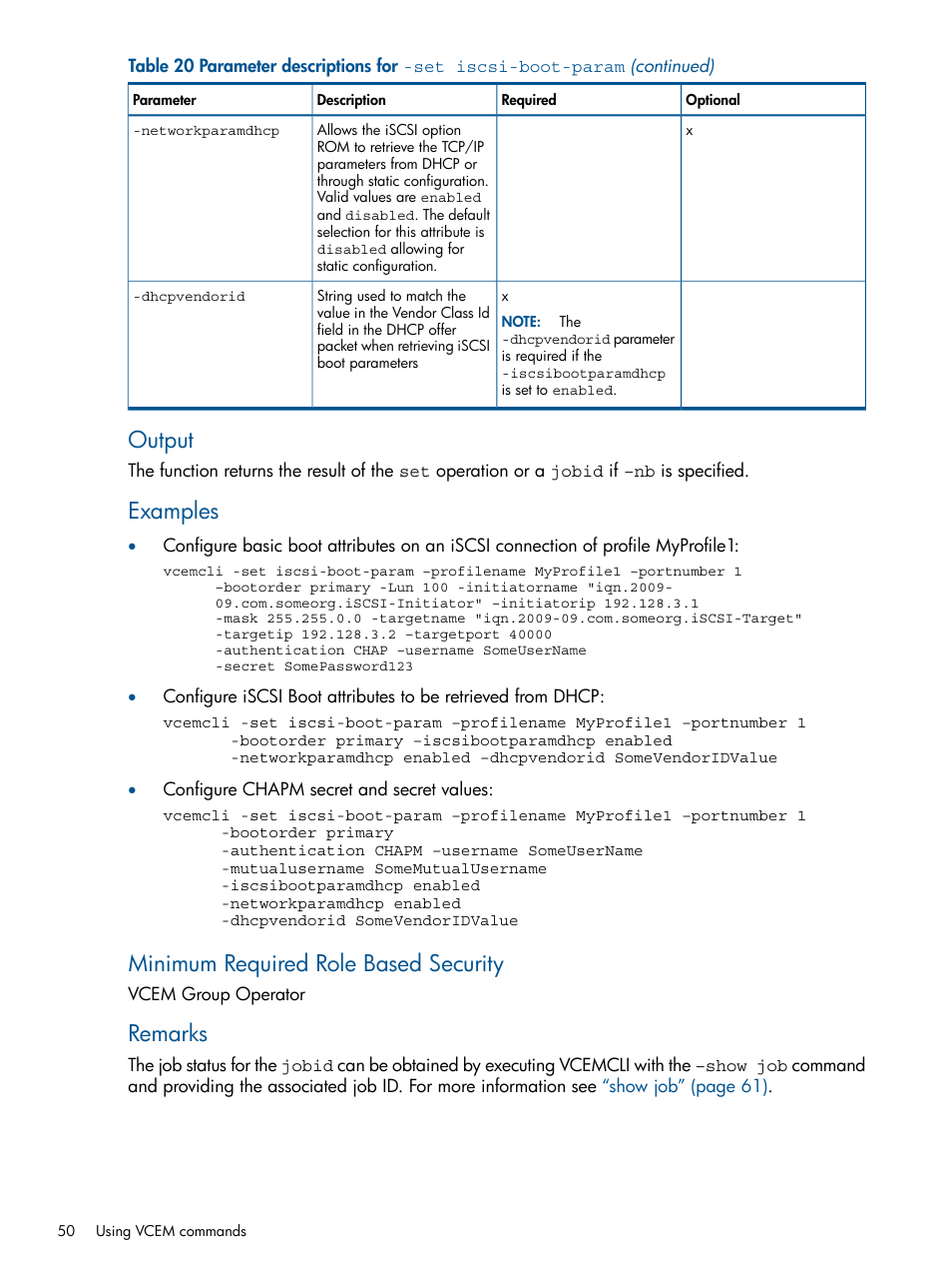 Output, Examples, Minimum required role based security | Remarks | HP Insight Management-Software User Manual | Page 50 / 96