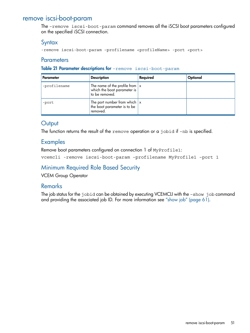 Remove iscsi-boot-param, Syntax, Parameters | Output, Examples, Minimum required role based security, Remarks | HP Insight Management-Software User Manual | Page 51 / 96