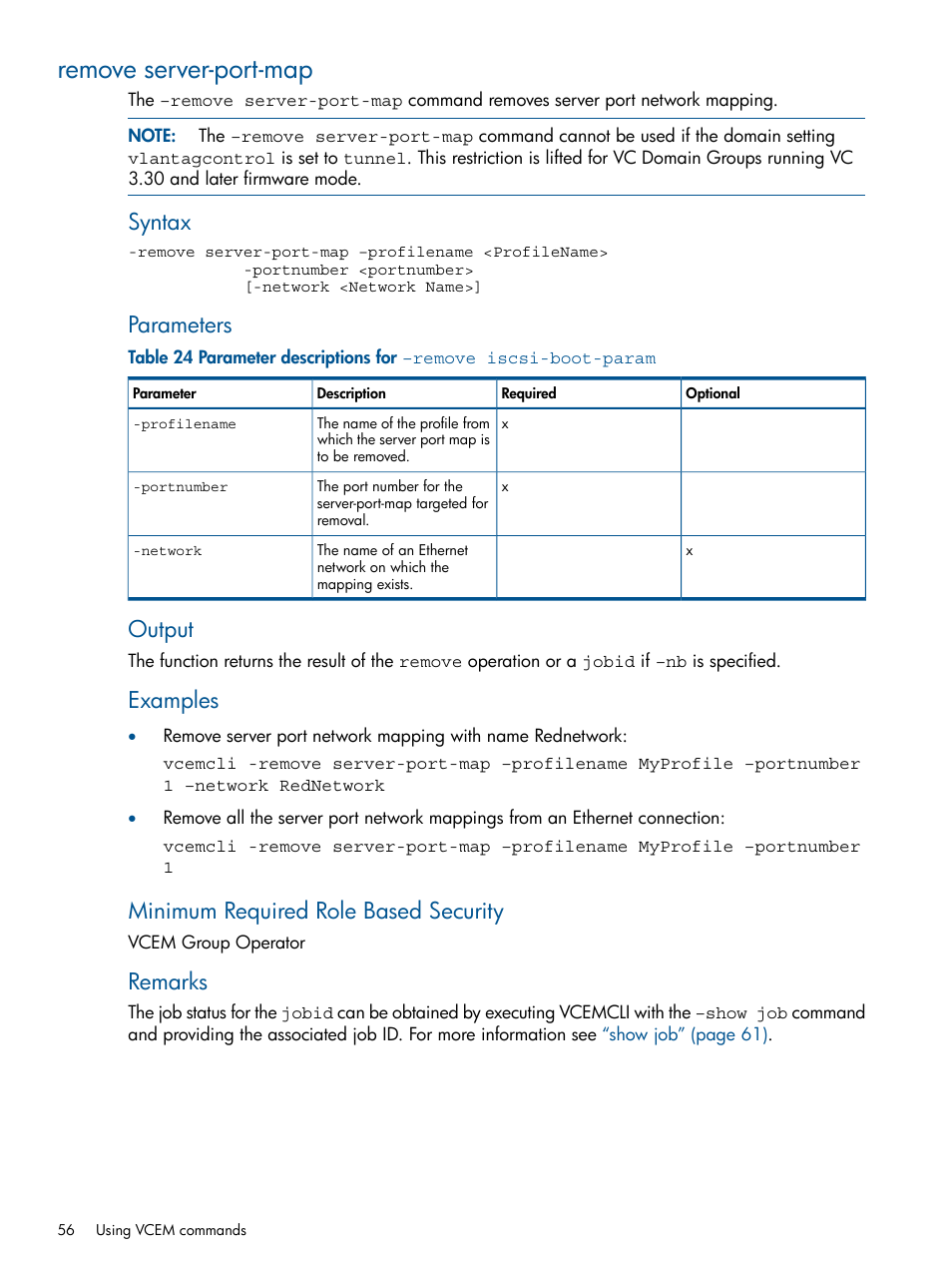 Remove server-port-map, Syntax, Parameters | Output, Examples, Minimum required role based security, Remarks | HP Insight Management-Software User Manual | Page 56 / 96