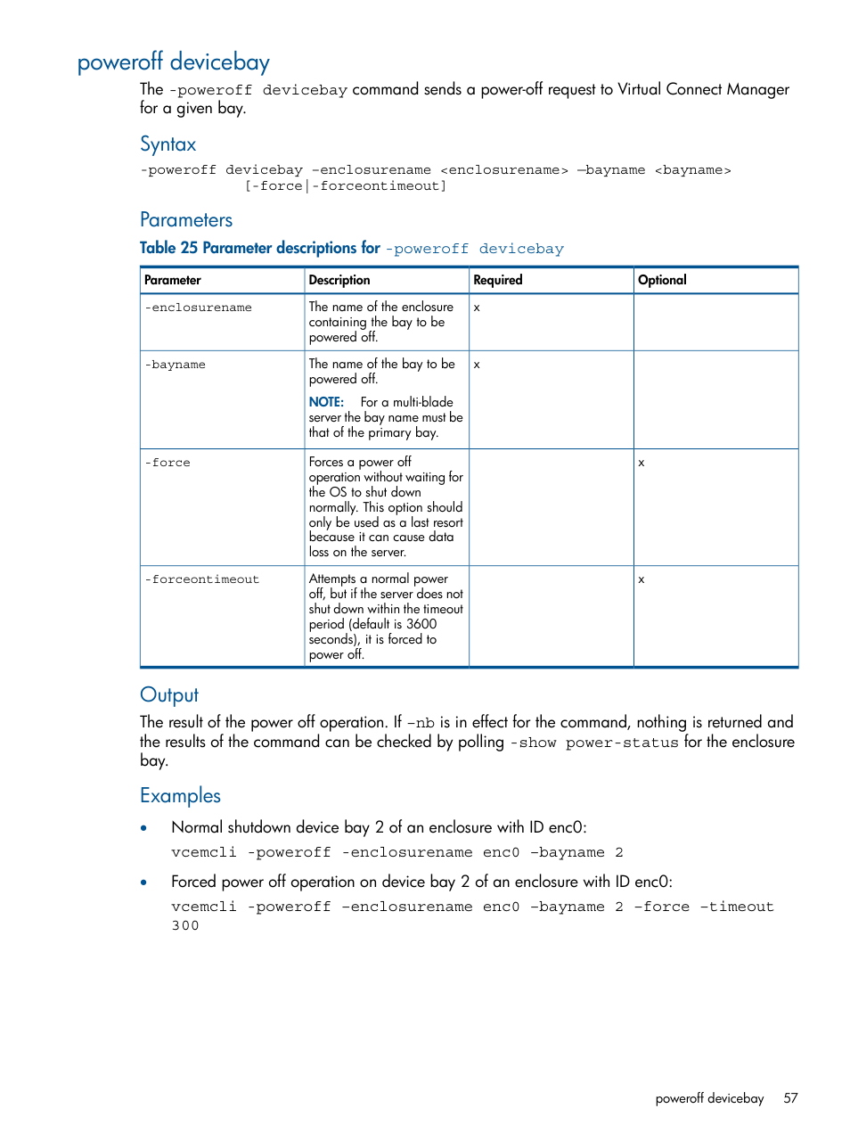 Poweroff devicebay, Syntax, Parameters | Output, Examples | HP Insight Management-Software User Manual | Page 57 / 96