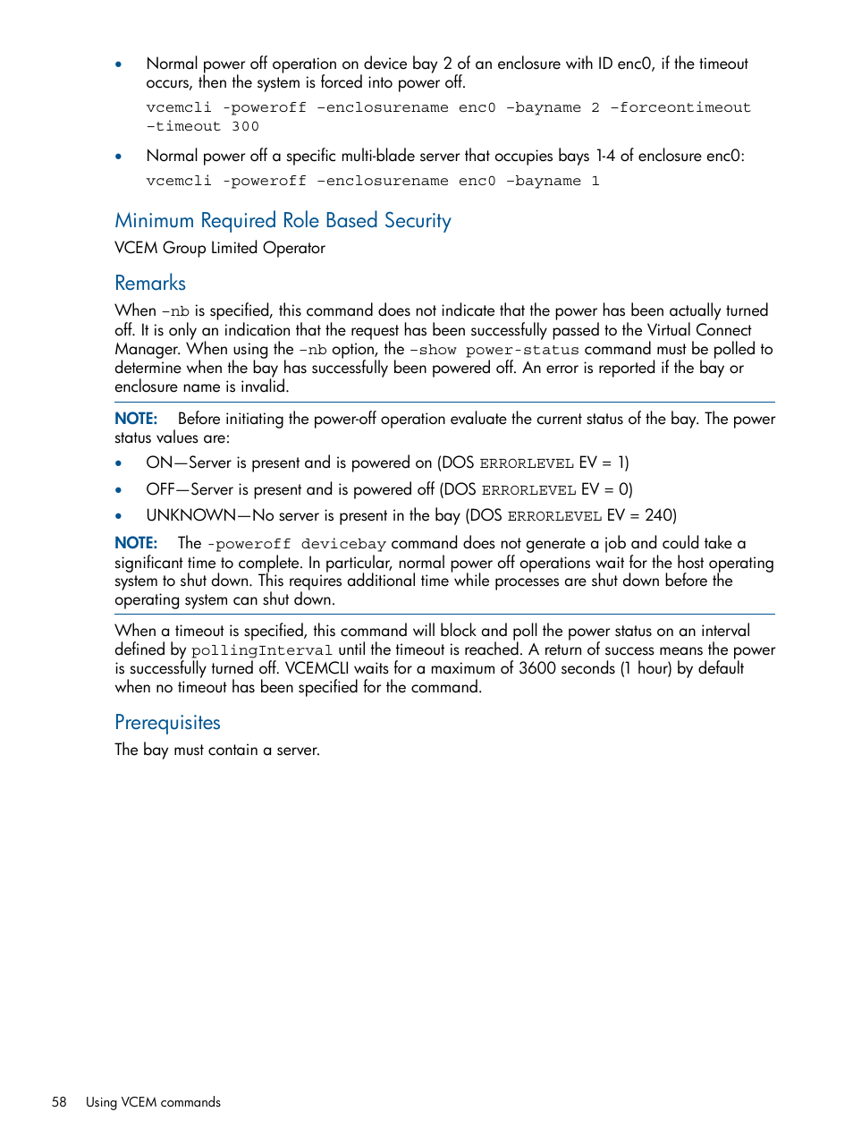 Minimum required role based security, Remarks, Prerequisites | HP Insight Management-Software User Manual | Page 58 / 96