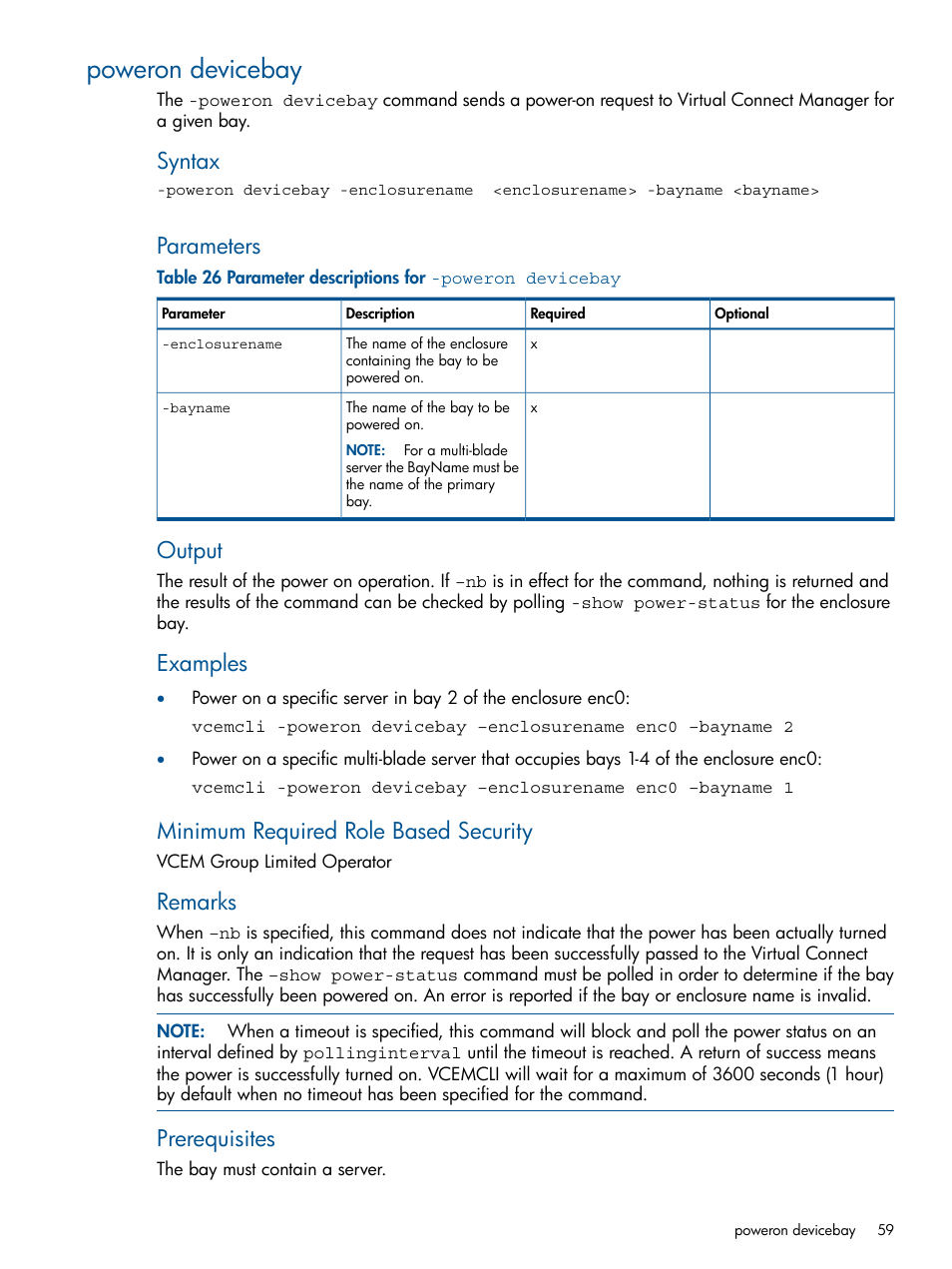 Poweron devicebay, Syntax, Parameters | Output, Examples, Minimum required role based security, Remarks, Prerequisites | HP Insight Management-Software User Manual | Page 59 / 96