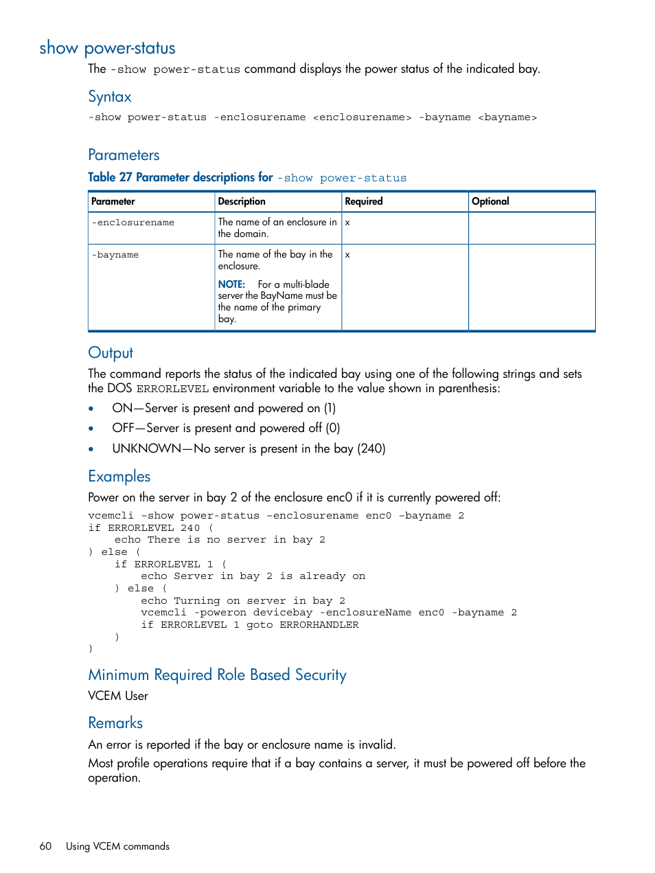 Show power-status, Syntax, Parameters | Output, Examples, Minimum required role based security, Remarks | HP Insight Management-Software User Manual | Page 60 / 96