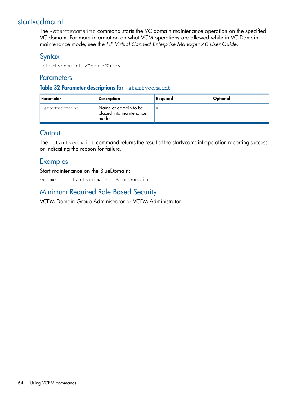 Startvcdmaint, Syntax, Parameters | Output, Examples, Minimum required role based security | HP Insight Management-Software User Manual | Page 64 / 96