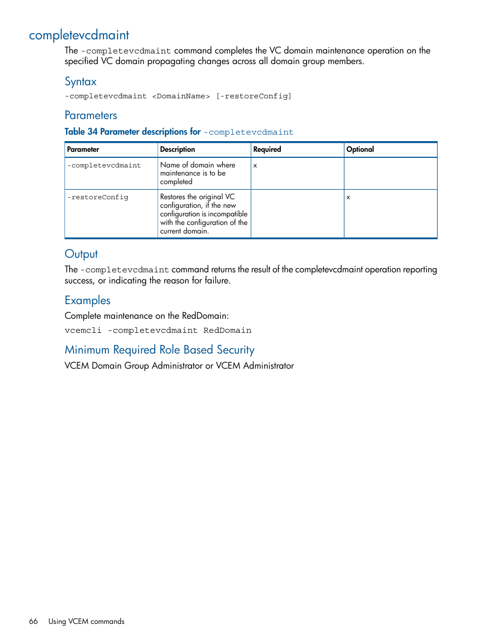 Completevcdmaint, Syntax, Parameters | Output, Examples, Minimum required role based security | HP Insight Management-Software User Manual | Page 66 / 96