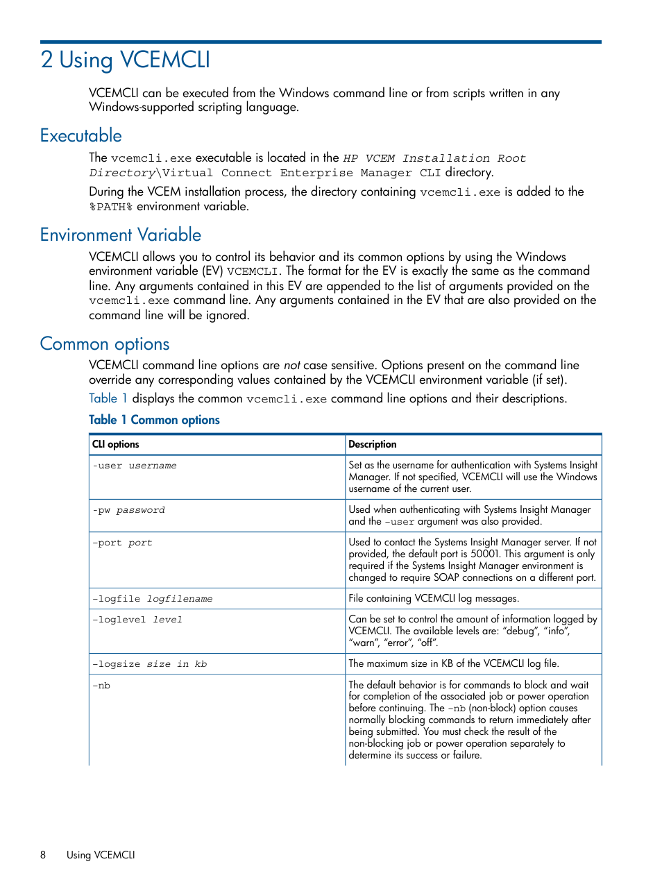 2 using vcemcli, Executable, Environment variable | Common options, Executable environment variable common options | HP Insight Management-Software User Manual | Page 8 / 96