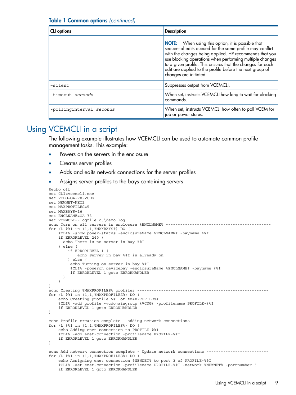 Using vcemcli in a script | HP Insight Management-Software User Manual | Page 9 / 96