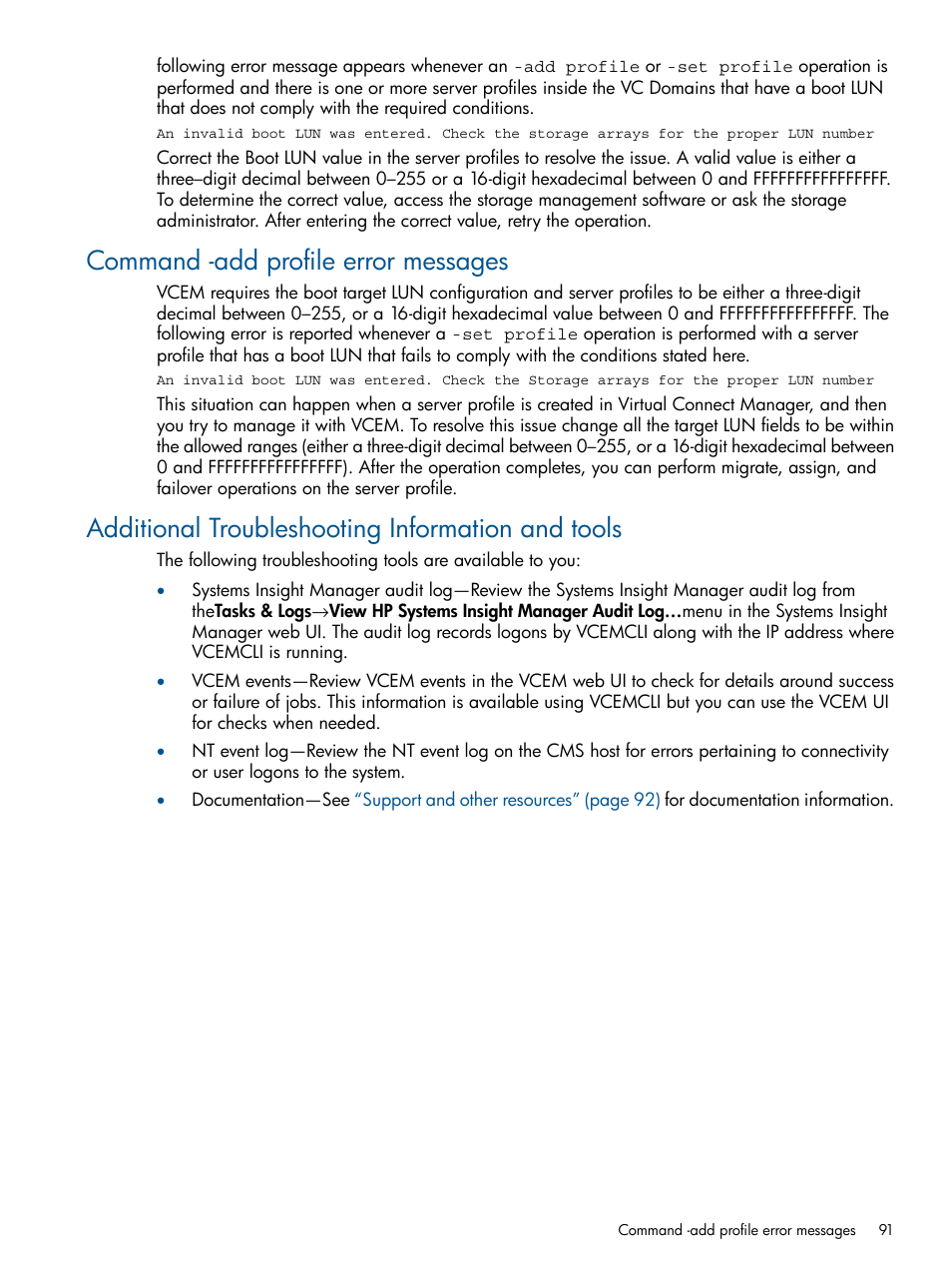 Command -add profile error messages, Additional troubleshooting information and tools | HP Insight Management-Software User Manual | Page 91 / 96