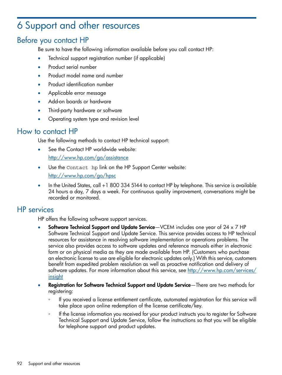 6 support and other resources, Before you contact hp, How to contact hp | Hp services | HP Insight Management-Software User Manual | Page 92 / 96