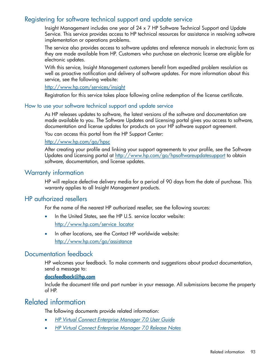 Warranty information, Hp authorized resellers, Documentation feedback | Related information | HP Insight Management-Software User Manual | Page 93 / 96