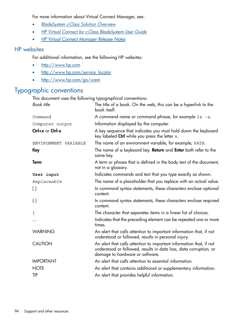 Hp websites, Typographic conventions | HP Insight Management-Software User Manual | Page 94 / 96