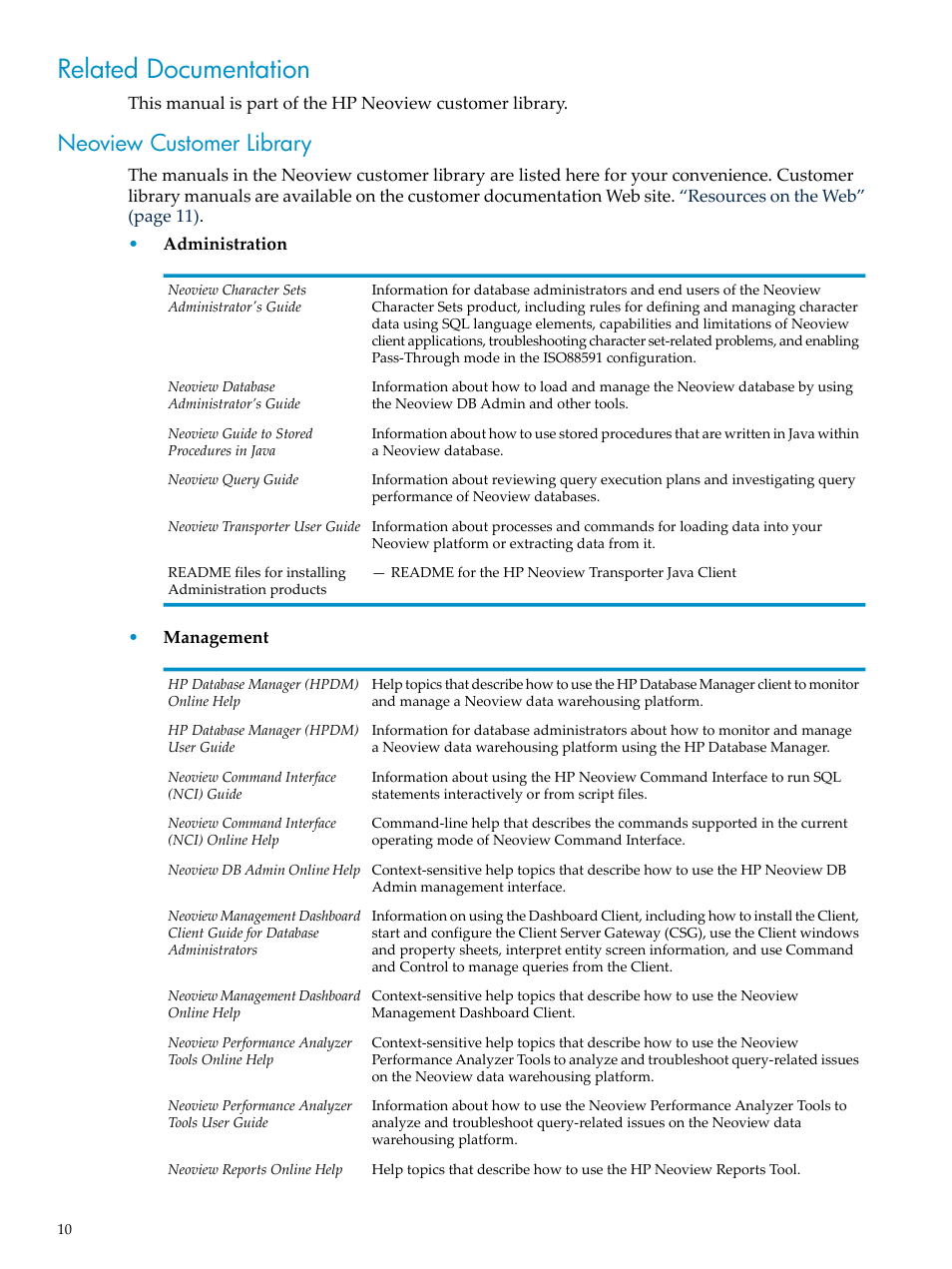 Related documentation, Neoview customer library | HP Neoview Release 2.4 Software User Manual | Page 10 / 132