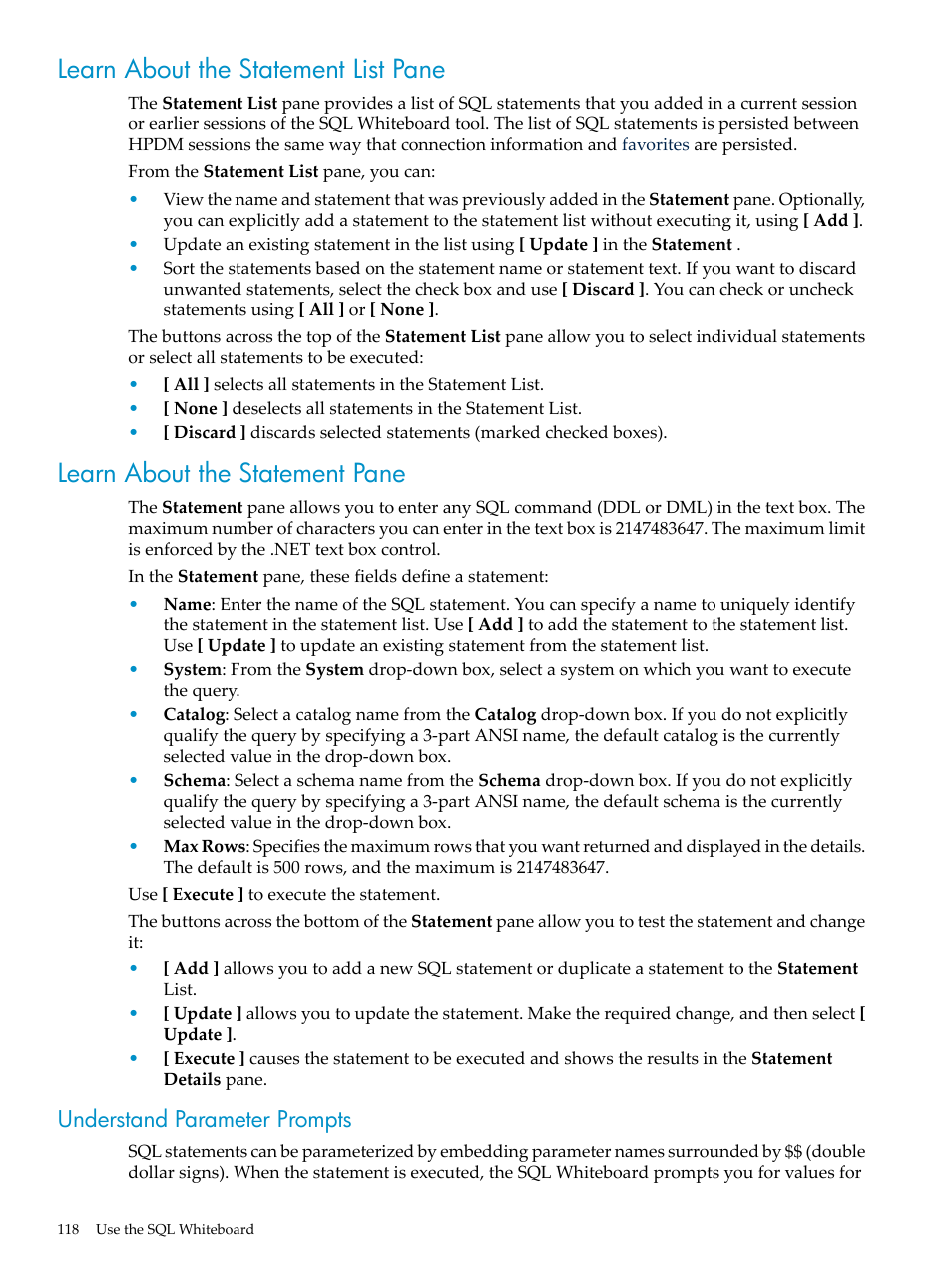 Learn about the statement list pane, Learn about the statement pane, Understand parameter prompts | HP Neoview Release 2.4 Software User Manual | Page 118 / 132