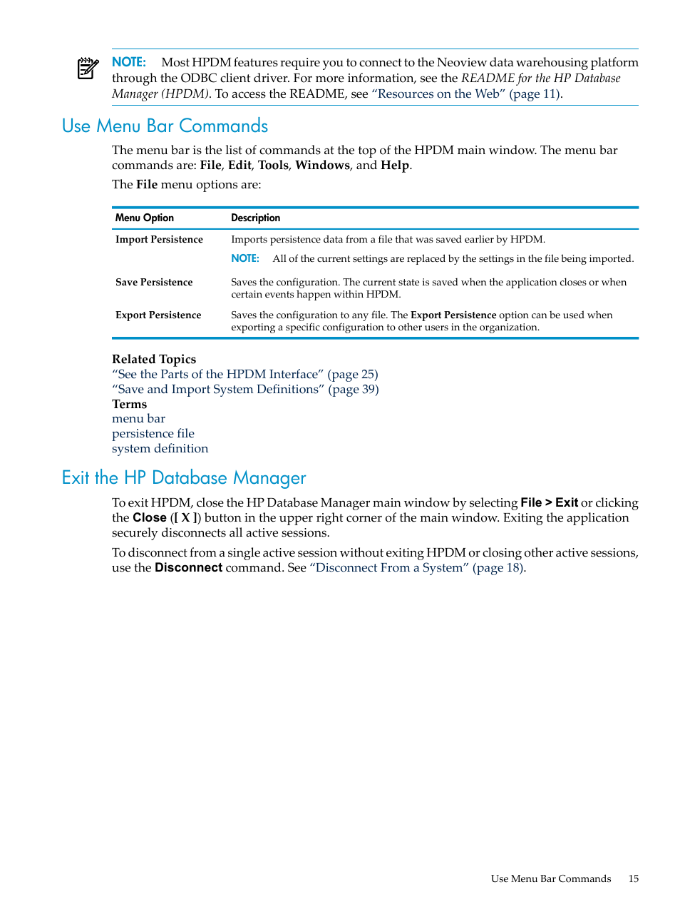 Use menu bar commands, Exit the hp database manager, Use menu bar commands exit the hp database manager | HP Neoview Release 2.4 Software User Manual | Page 15 / 132