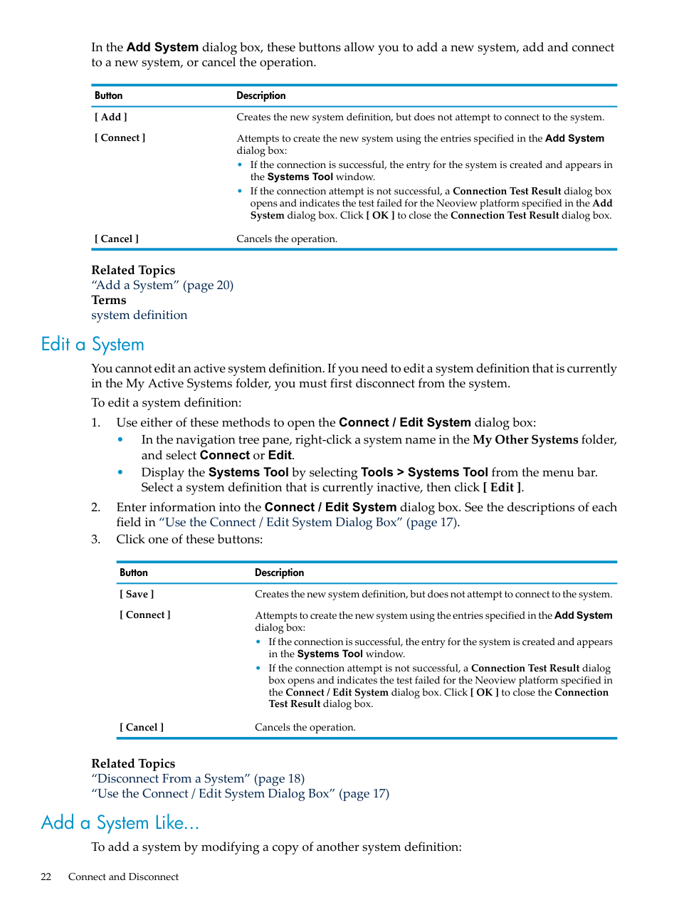 Edit a system, Add a system like, Edit a system add a system like | HP Neoview Release 2.4 Software User Manual | Page 22 / 132