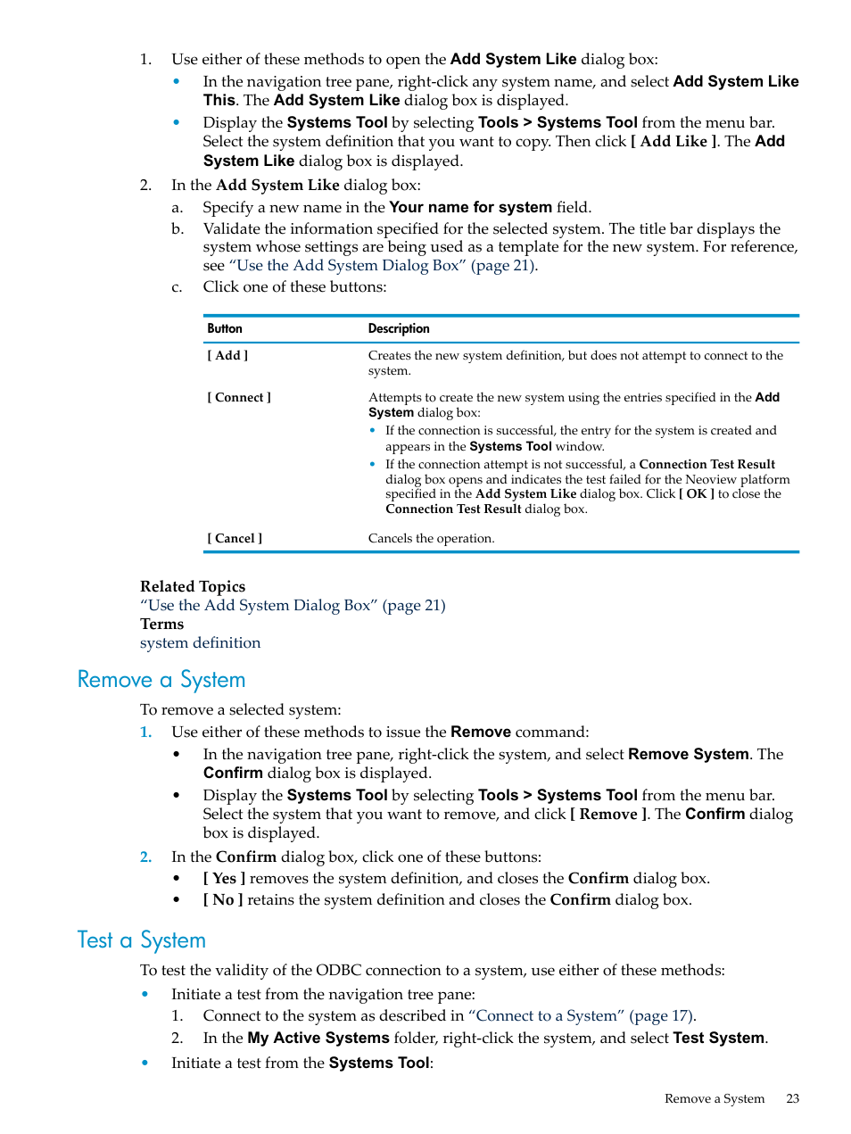 Remove a system, Test a system, Remove a system test a system | HP Neoview Release 2.4 Software User Manual | Page 23 / 132