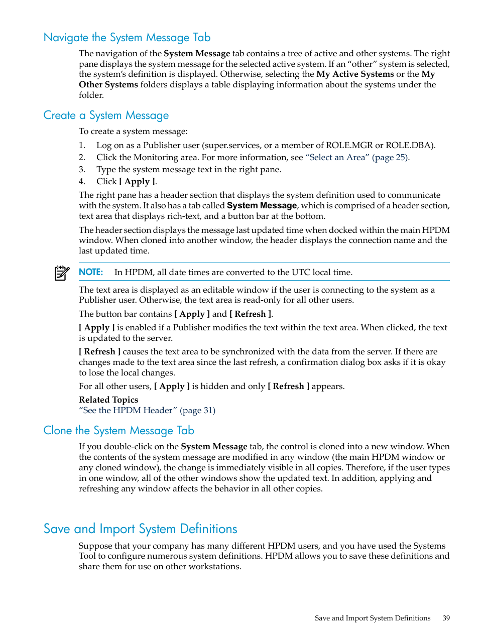 Navigate the system message tab, Create a system message, Clone the system message tab | Save and import system definitions | HP Neoview Release 2.4 Software User Manual | Page 39 / 132