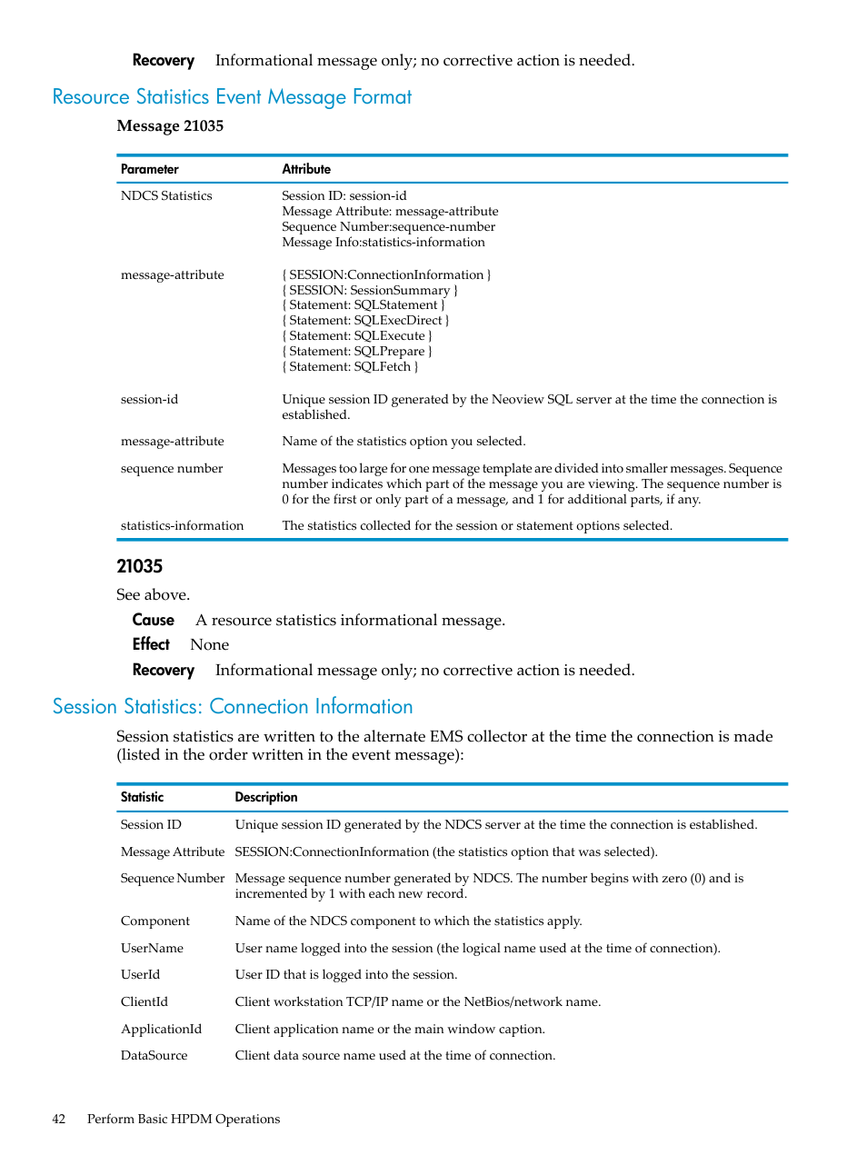 Resource statistics event message format, Session statistics: connection information | HP Neoview Release 2.4 Software User Manual | Page 42 / 132