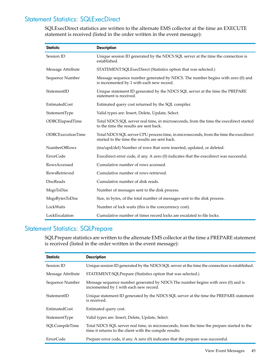 Statement statistics: sqlexecdirect, Statement statistics: sqlprepare | HP Neoview Release 2.4 Software User Manual | Page 45 / 132