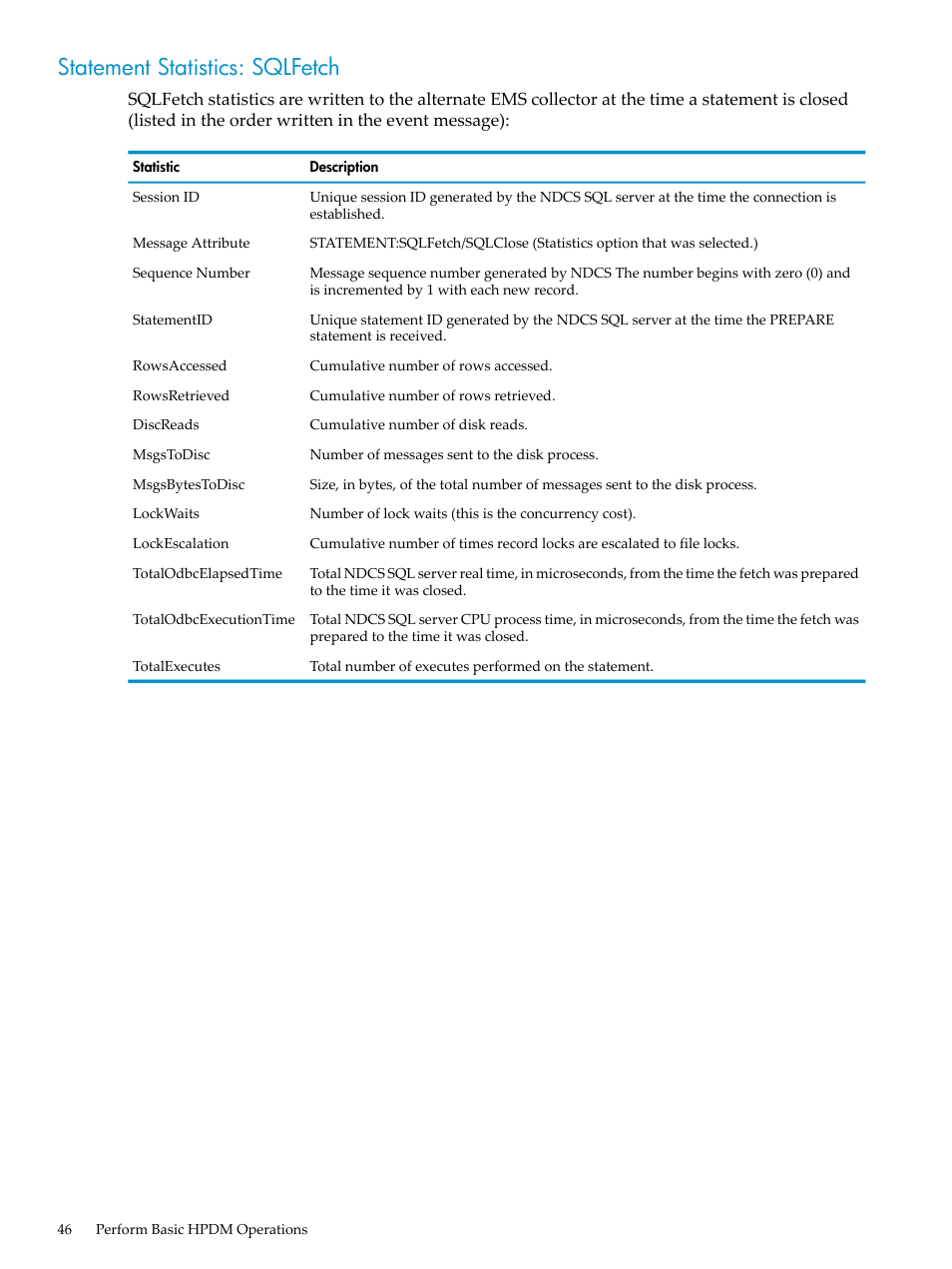 Statement statistics: sqlfetch | HP Neoview Release 2.4 Software User Manual | Page 46 / 132