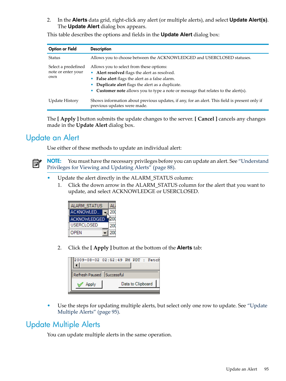 Update an alert, Update multiple alerts, Update an alert update multiple alerts | HP Neoview Release 2.4 Software User Manual | Page 95 / 132