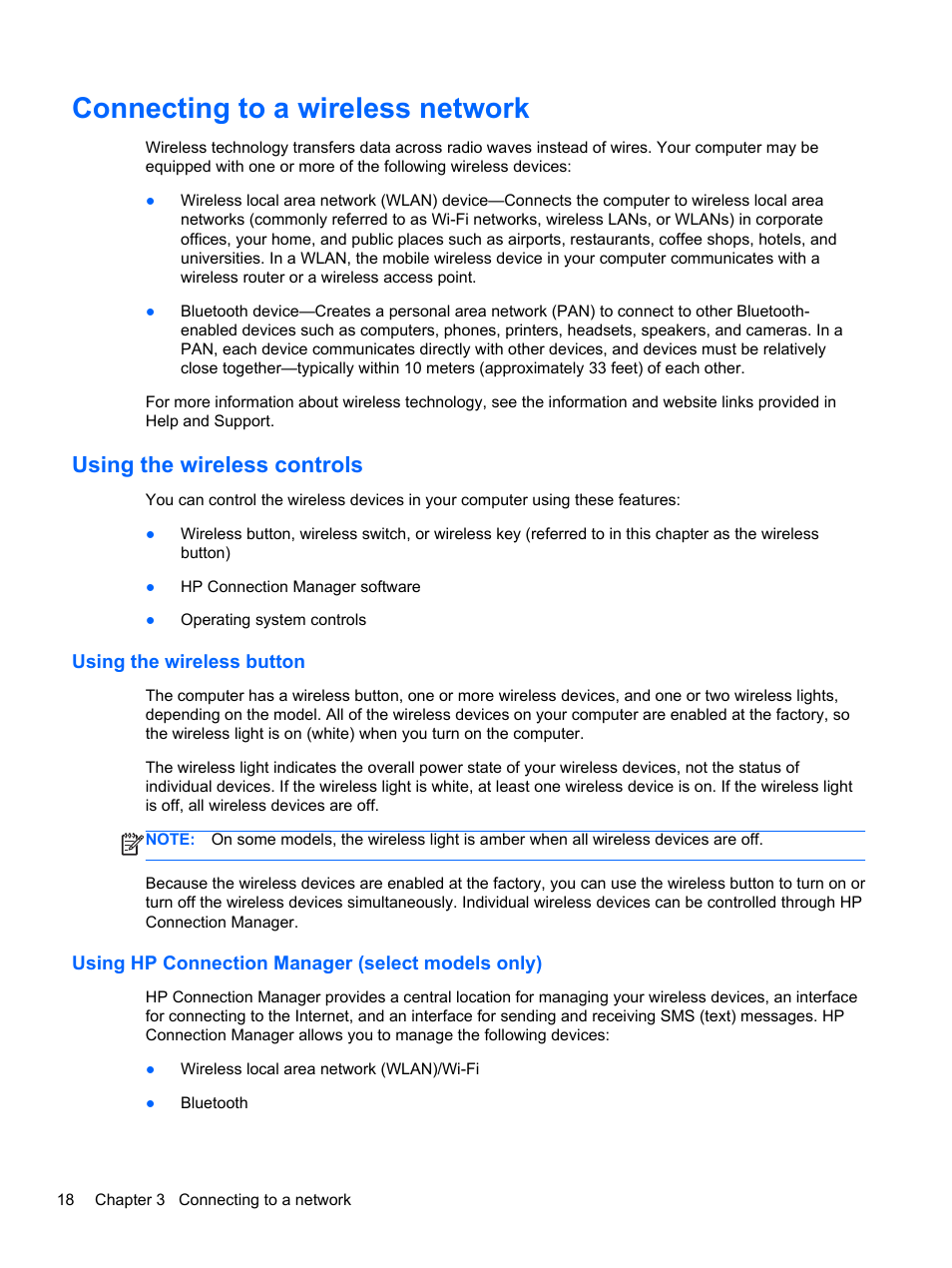 Connecting to a wireless network, Using the wireless controls, Using the wireless button | Using hp connection manager (select models only) | HP ENVY Spectre XT Ultrabook CTO 13t-2000 User Manual | Page 28 / 96