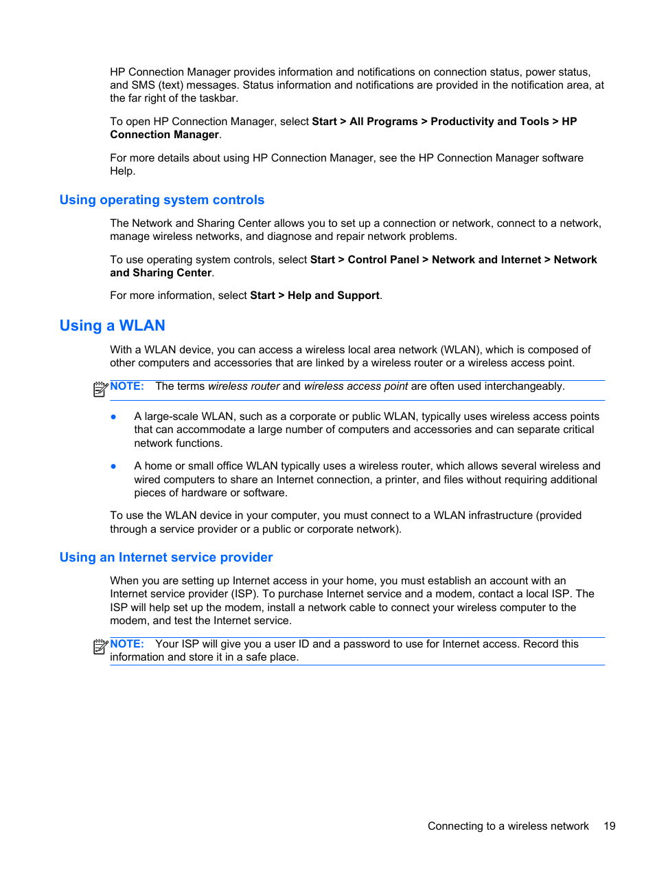 Using operating system controls, Using a wlan, Using an internet service provider | HP ENVY Spectre XT Ultrabook CTO 13t-2000 User Manual | Page 29 / 96