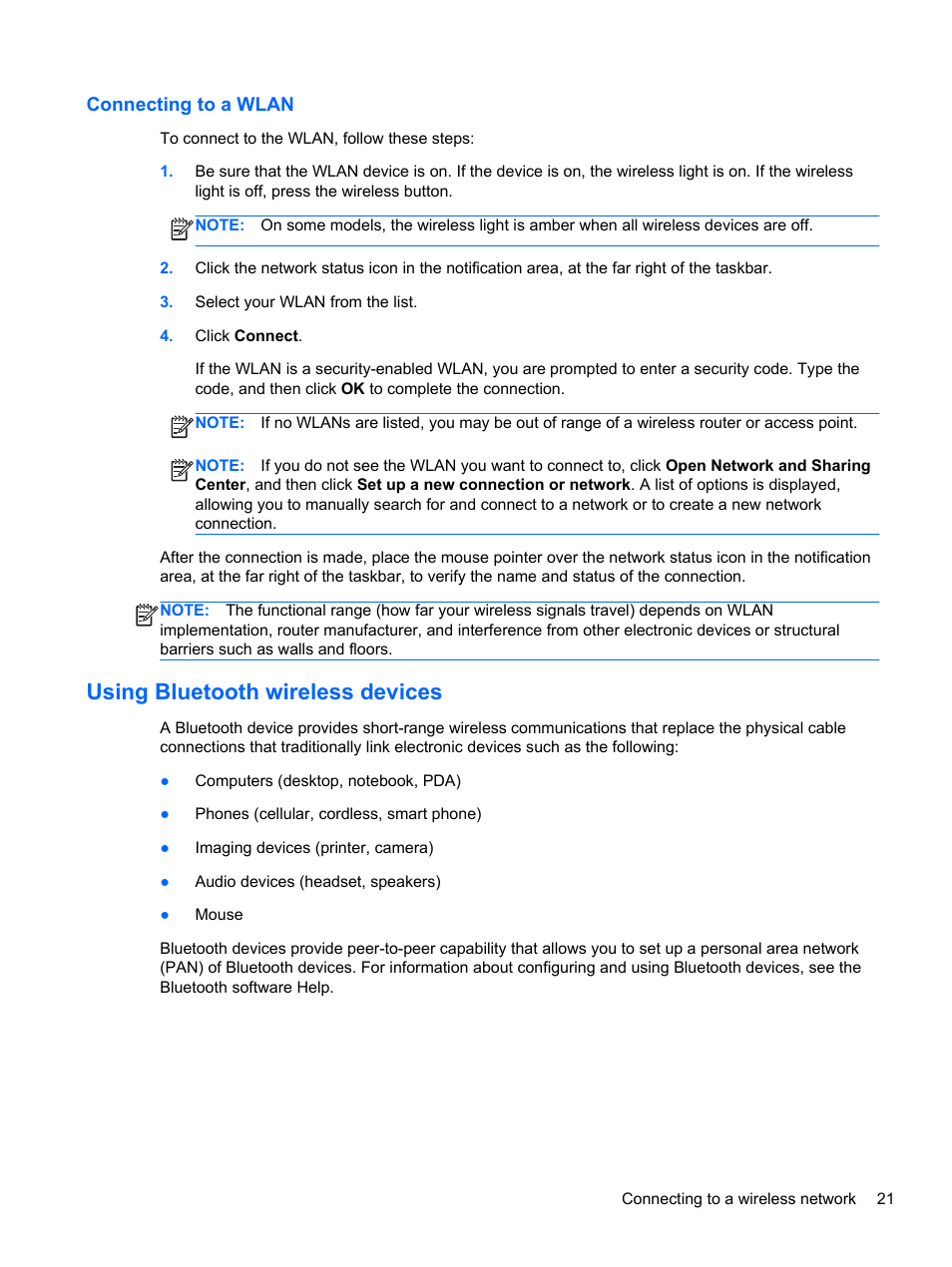 Connecting to a wlan, Using bluetooth wireless devices | HP ENVY Spectre XT Ultrabook CTO 13t-2000 User Manual | Page 31 / 96