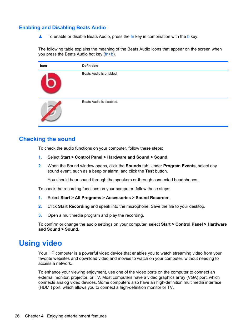 Enabling and disabling beats audio, Checking the sound, Using video | HP ENVY Spectre XT Ultrabook CTO 13t-2000 User Manual | Page 36 / 96