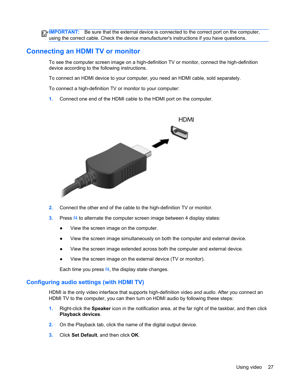 Connecting an hdmi tv or monitor, Configuring audio settings (with hdmi tv) | HP ENVY Spectre XT Ultrabook CTO 13t-2000 User Manual | Page 37 / 96