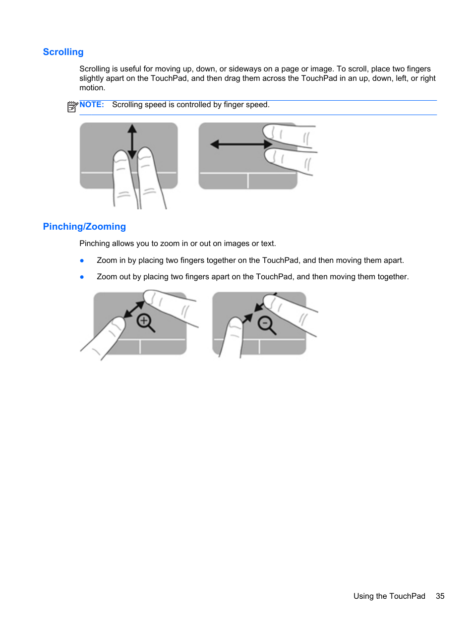 Scrolling, Pinching/zooming, Scrolling pinching/zooming | HP ENVY Spectre XT Ultrabook CTO 13t-2000 User Manual | Page 45 / 96