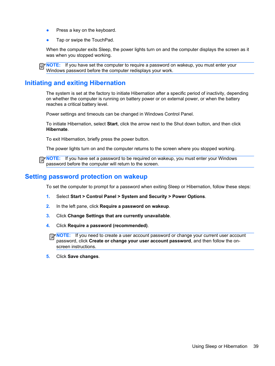 Initiating and exiting hibernation, Setting password protection on wakeup | HP ENVY Spectre XT Ultrabook CTO 13t-2000 User Manual | Page 49 / 96