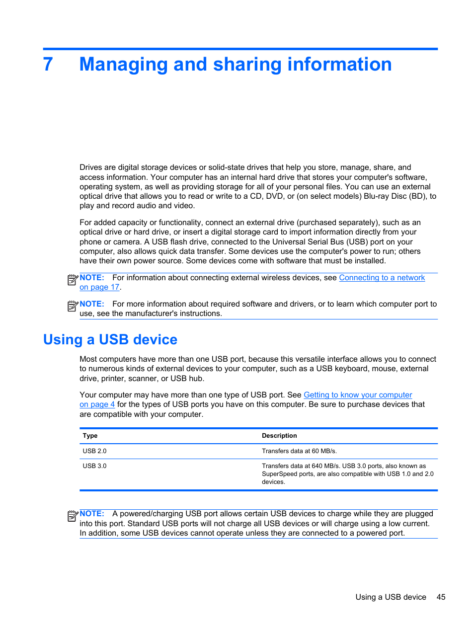 Managing and sharing information, Using a usb device, 7 managing and sharing information | 7managing and sharing information | HP ENVY Spectre XT Ultrabook CTO 13t-2000 User Manual | Page 55 / 96