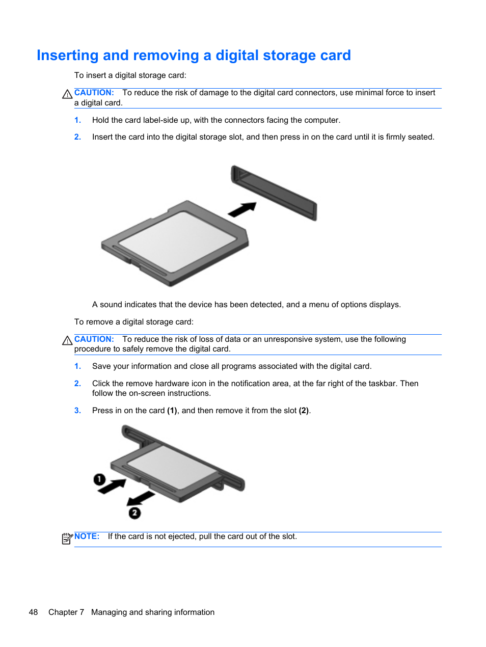 Inserting and removing a digital storage card | HP ENVY Spectre XT Ultrabook CTO 13t-2000 User Manual | Page 58 / 96