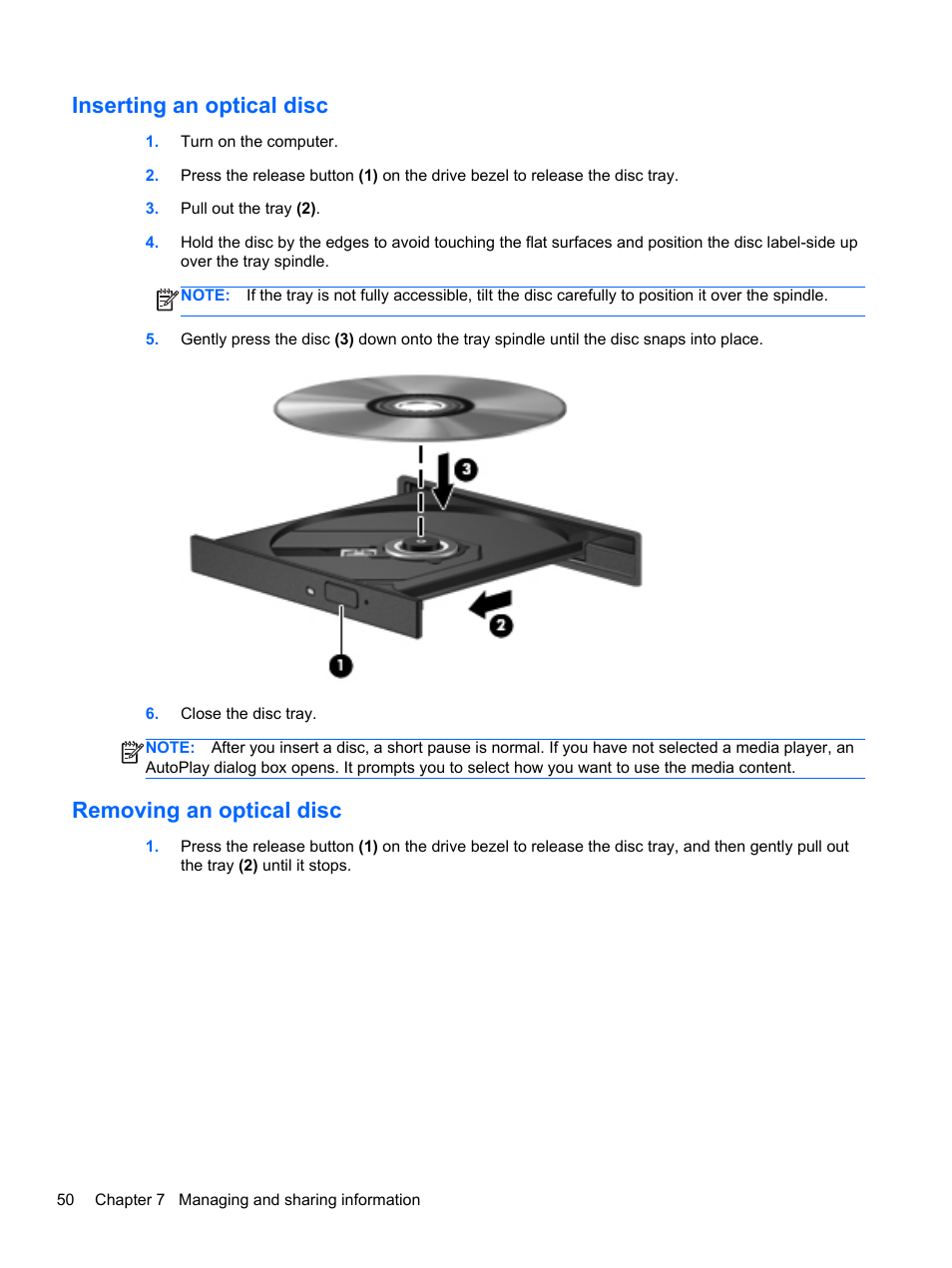 Inserting an optical disc, Removing an optical disc, Inserting an optical disc removing an optical disc | HP ENVY Spectre XT Ultrabook CTO 13t-2000 User Manual | Page 60 / 96