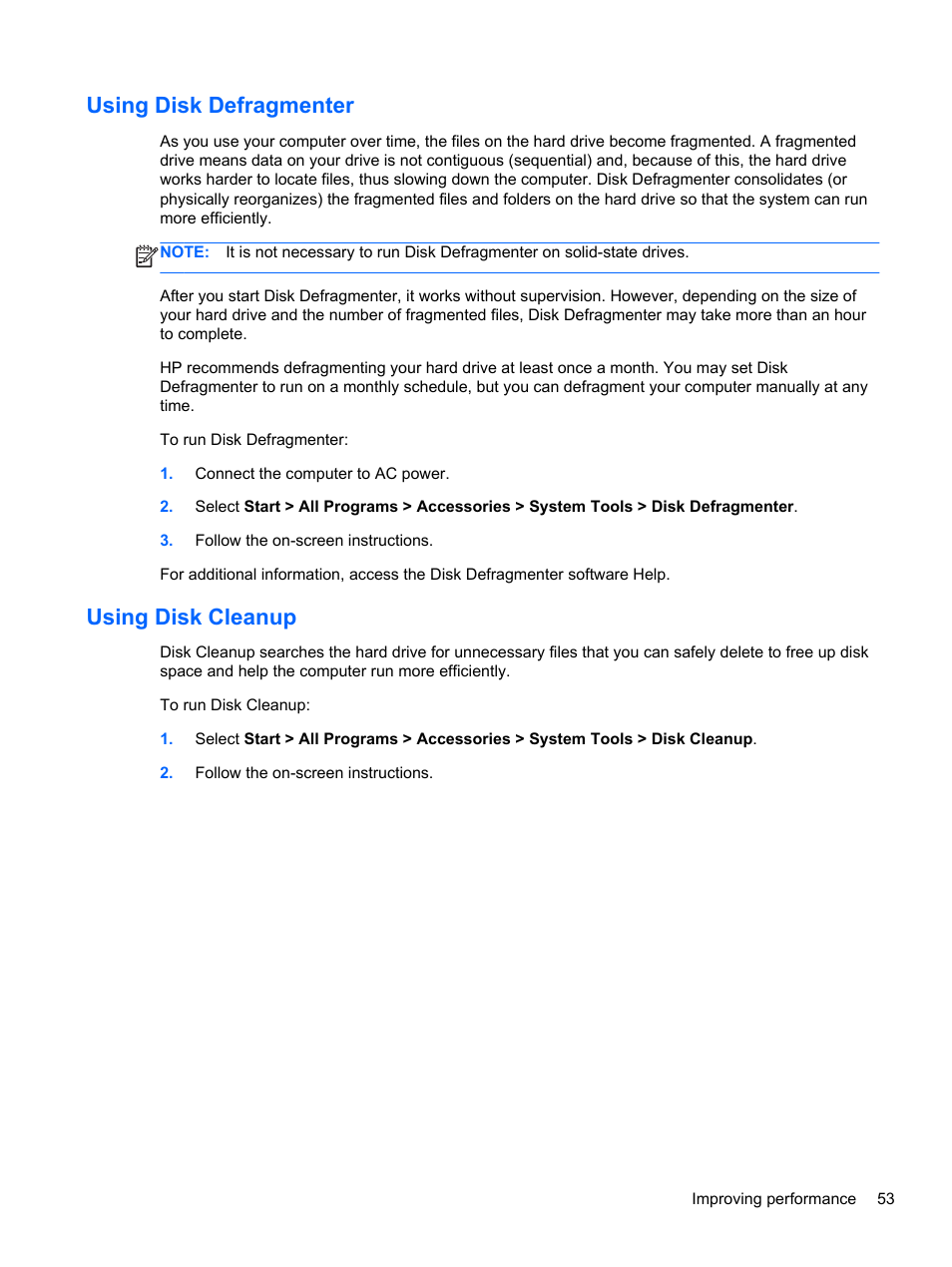 Using disk defragmenter, Using disk cleanup, Using disk defragmenter using disk cleanup | HP ENVY Spectre XT Ultrabook CTO 13t-2000 User Manual | Page 63 / 96