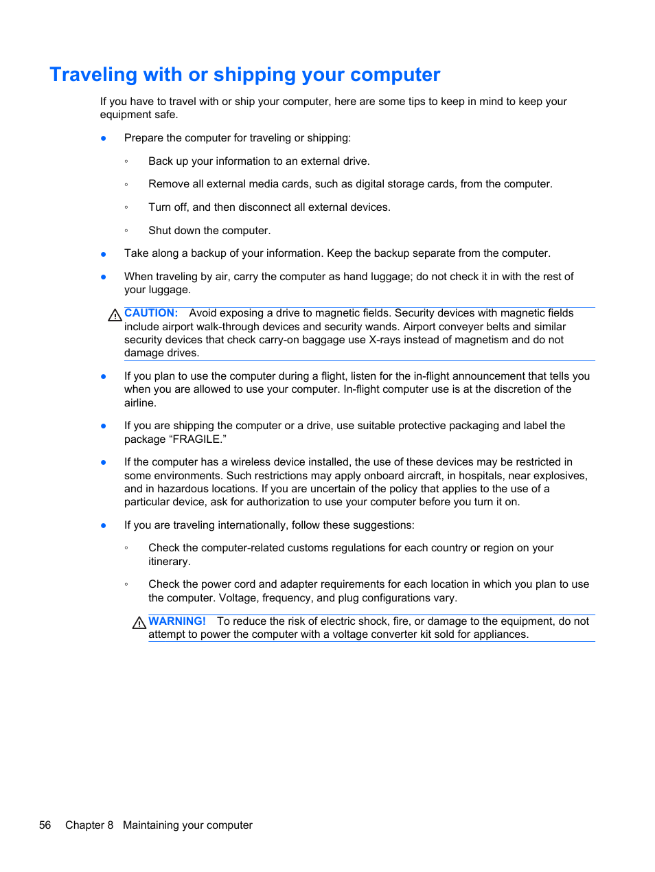 Traveling with or shipping your computer | HP ENVY Spectre XT Ultrabook CTO 13t-2000 User Manual | Page 66 / 96