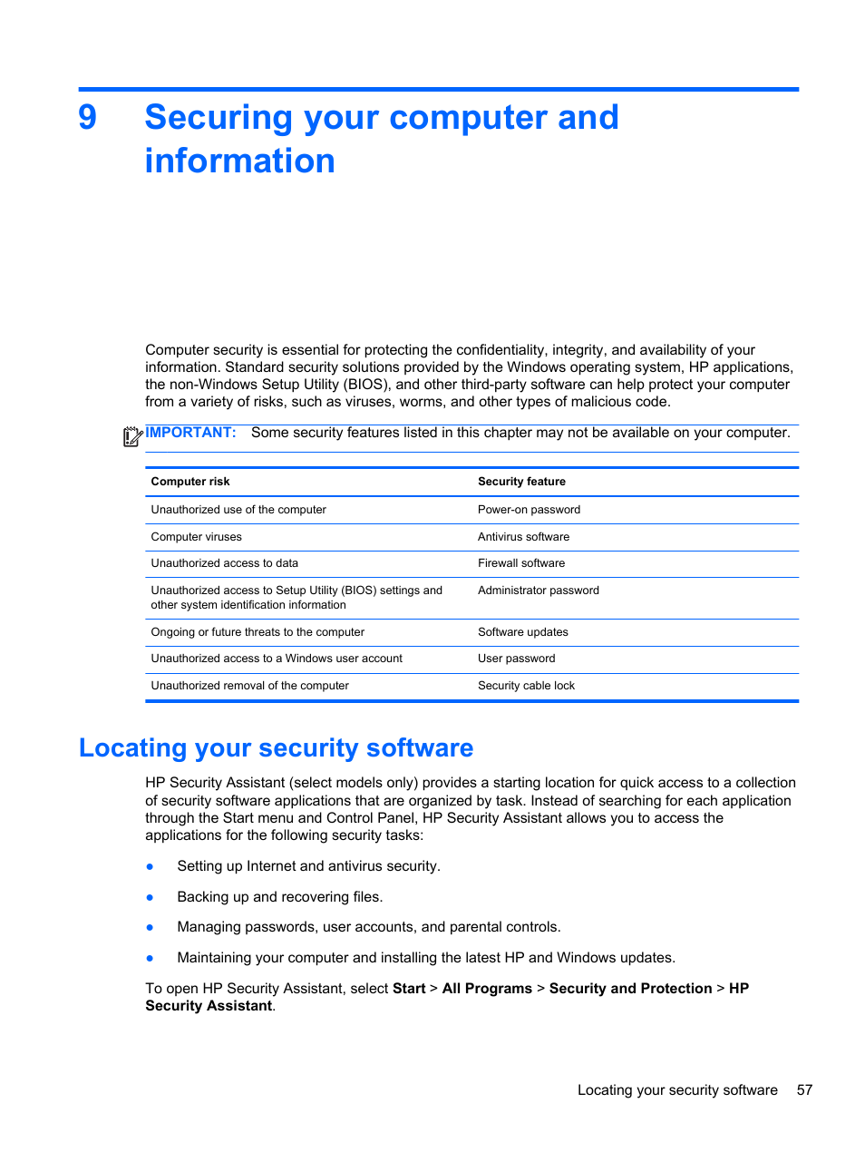 Securing your computer and information, Locating your security software, 9 securing your computer and information | 9securing your computer and information | HP ENVY Spectre XT Ultrabook CTO 13t-2000 User Manual | Page 67 / 96