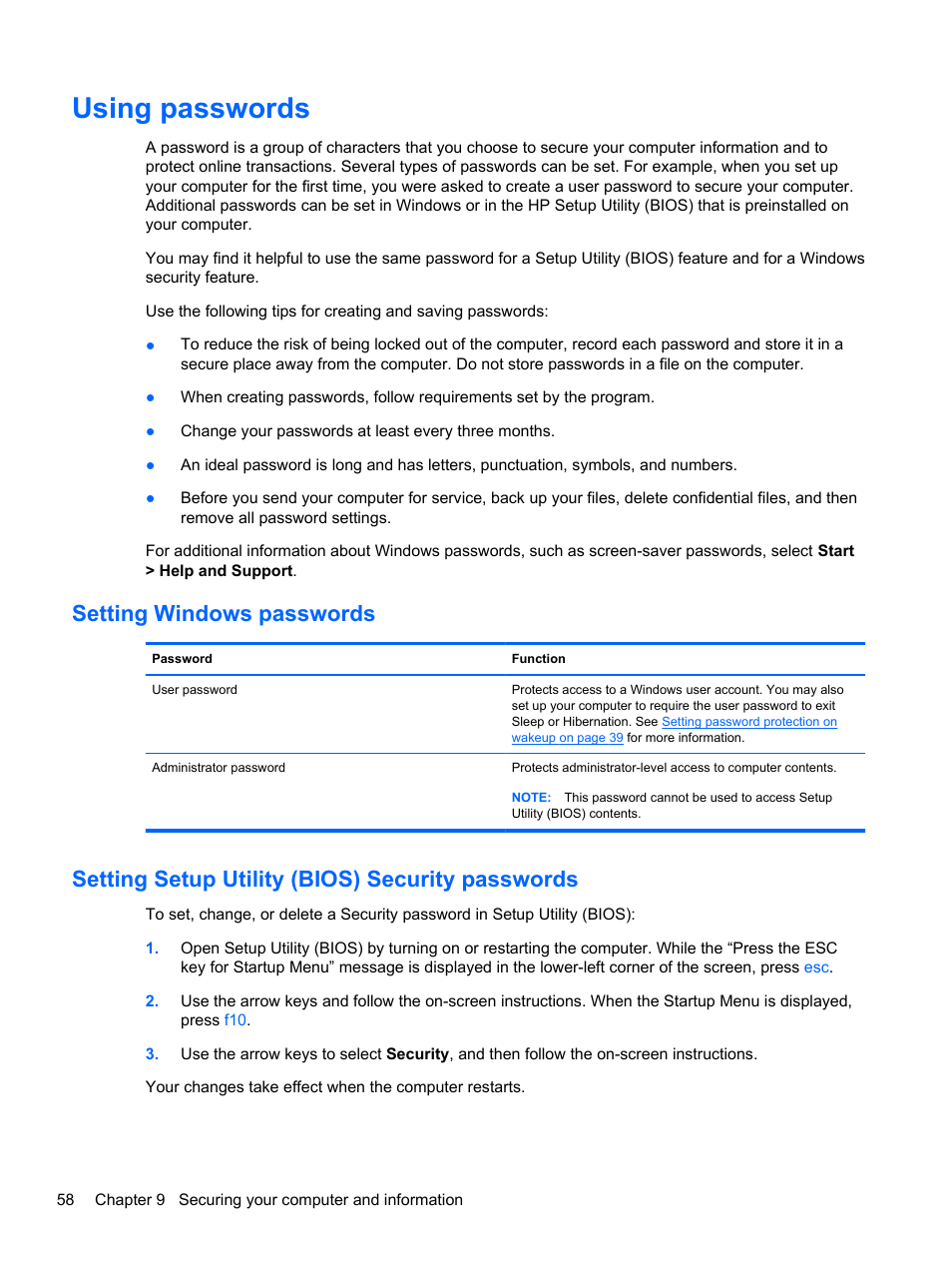 Using passwords, Setting windows passwords, Setting setup utility (bios) security passwords | HP ENVY Spectre XT Ultrabook CTO 13t-2000 User Manual | Page 68 / 96