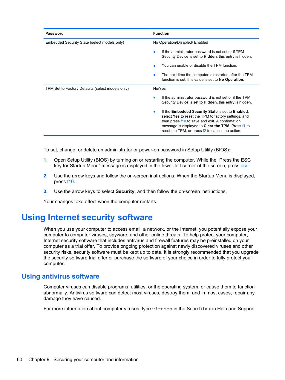 Using internet security software, Using antivirus software | HP ENVY Spectre XT Ultrabook CTO 13t-2000 User Manual | Page 70 / 96